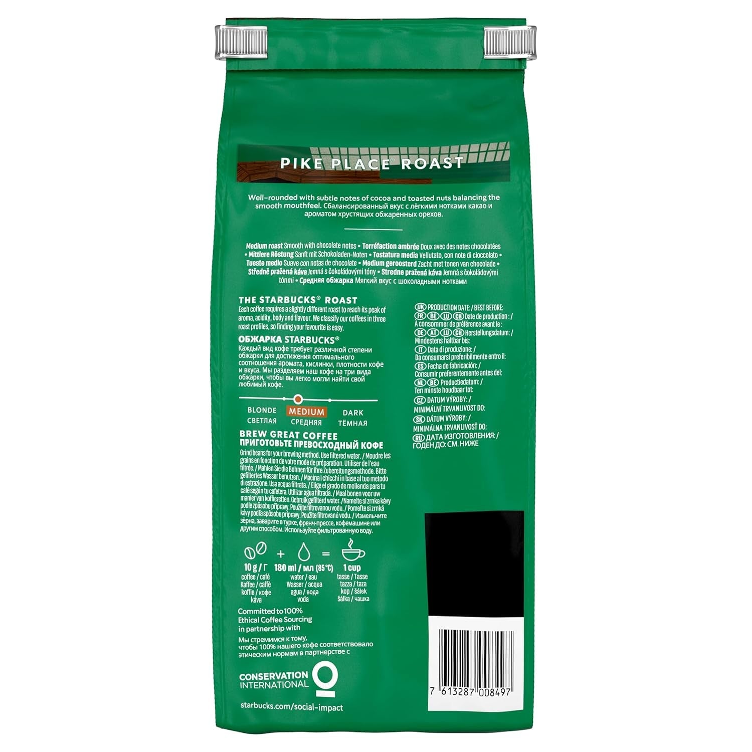 STARBUCKS Pike Place Roast, Mittlere Röstung, Ganze Kaffeebohnen 450 g (4er Pack)
