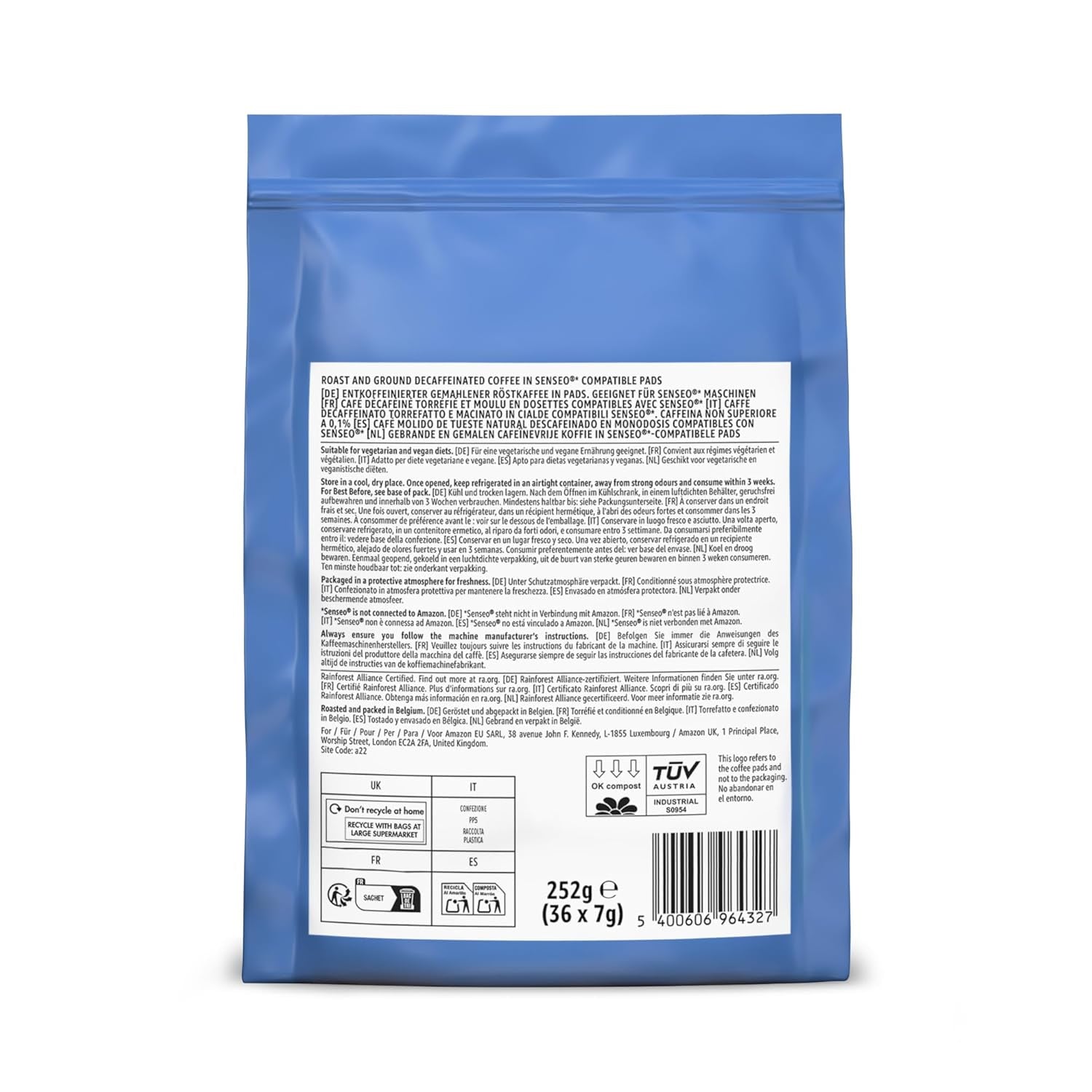 od Amazon Entkoffeinierte 100% Arabica-Kaffeepads, geeignet für Senseo-Maschinen, medium Röstung, 36 Stück (1 Packung mit 36 ​​​​Stück) – Rainforest Alliance-zertifiziert