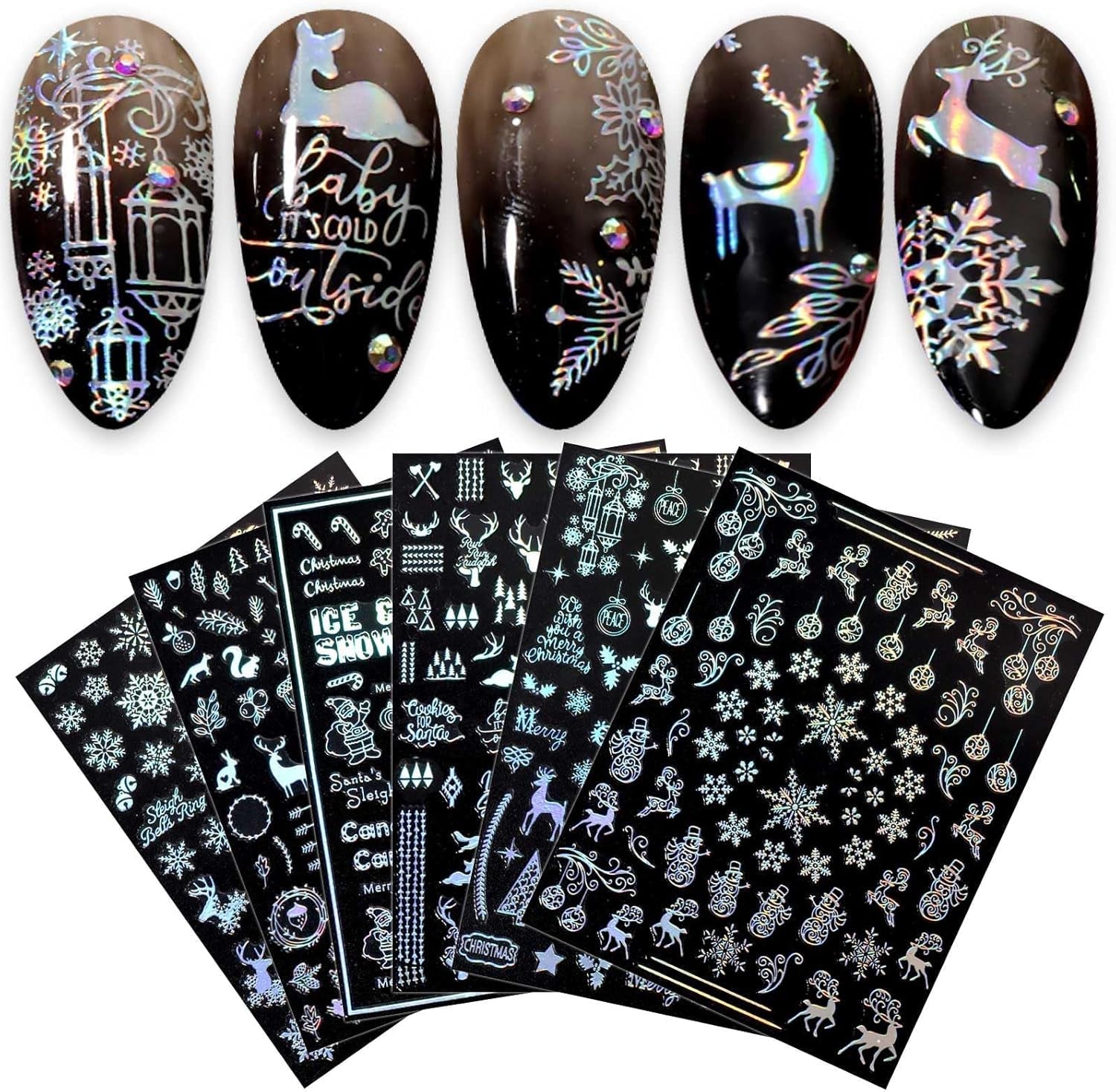 9 Blatt Nagelsticker Weihnachten Nagelaufkleber Selbtklebend Weiß Rentier Schneemann Samolepka na nehty Dekoration Nageldesign Zubehör