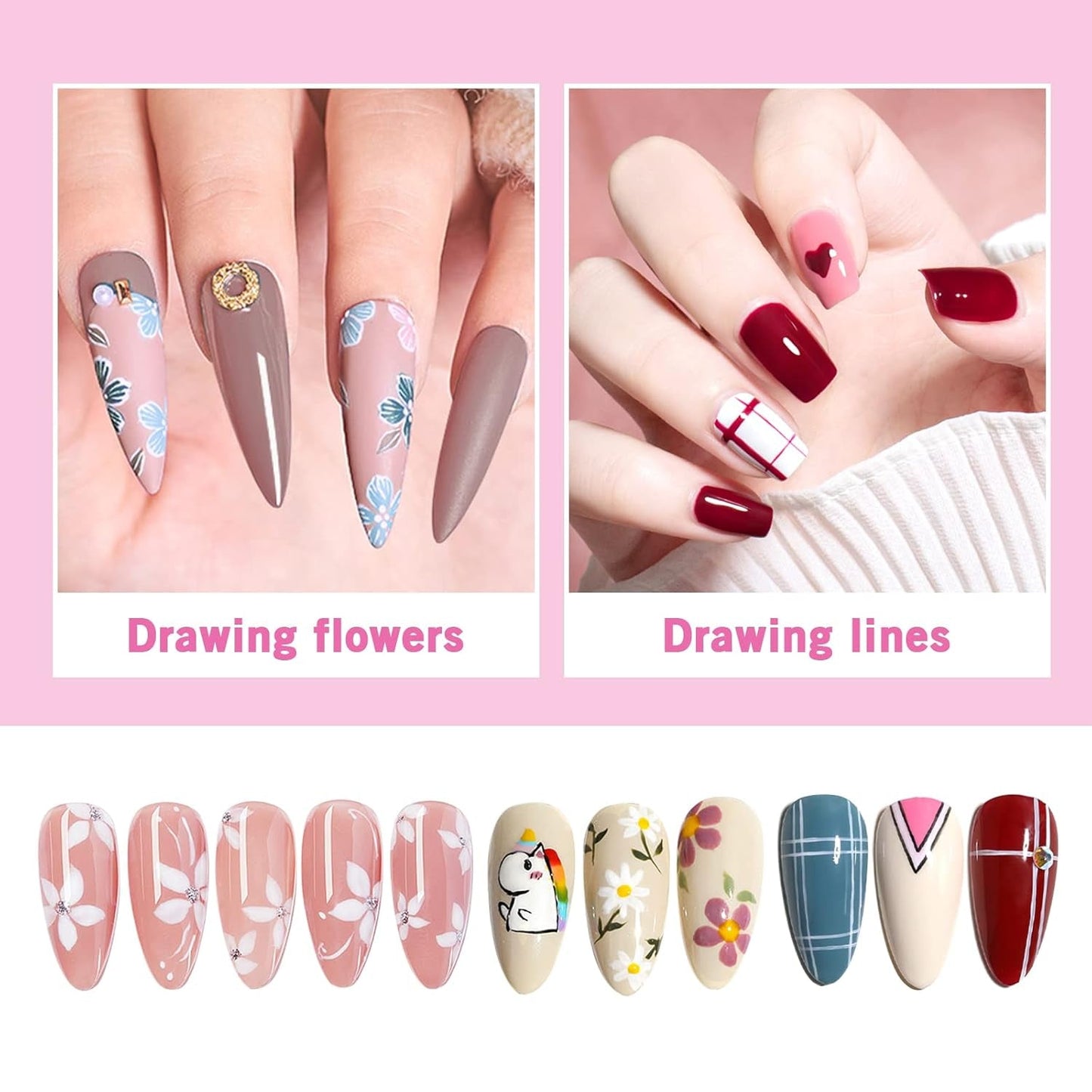 Sularpek Nail Art Liner Pinsel, 5 Stück Profi Detail Fine Nails štětec na gelové nehty, Nagel Pinsel Dünn Für Beauty Frauen Nagelstudio (5 Größen, Rosa)