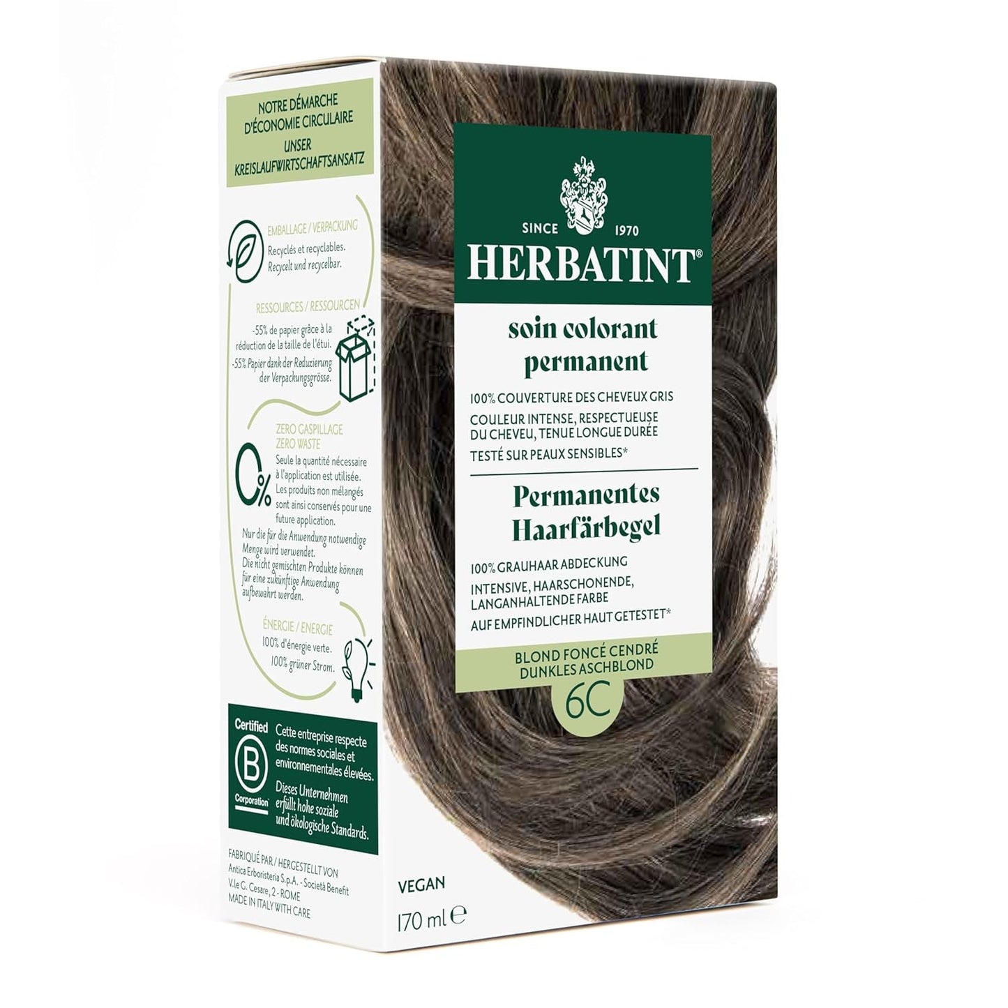 Permanentní gel na barvení vlasů 6N tmavá blond - 170 ml I Bez amoniaku, 100% krytí šedých vlasů Testováno na citlivé pokožce, s 8 rostlinnými výtažky Barva na vlasy Naty Shop 6C tmavě šedá blond