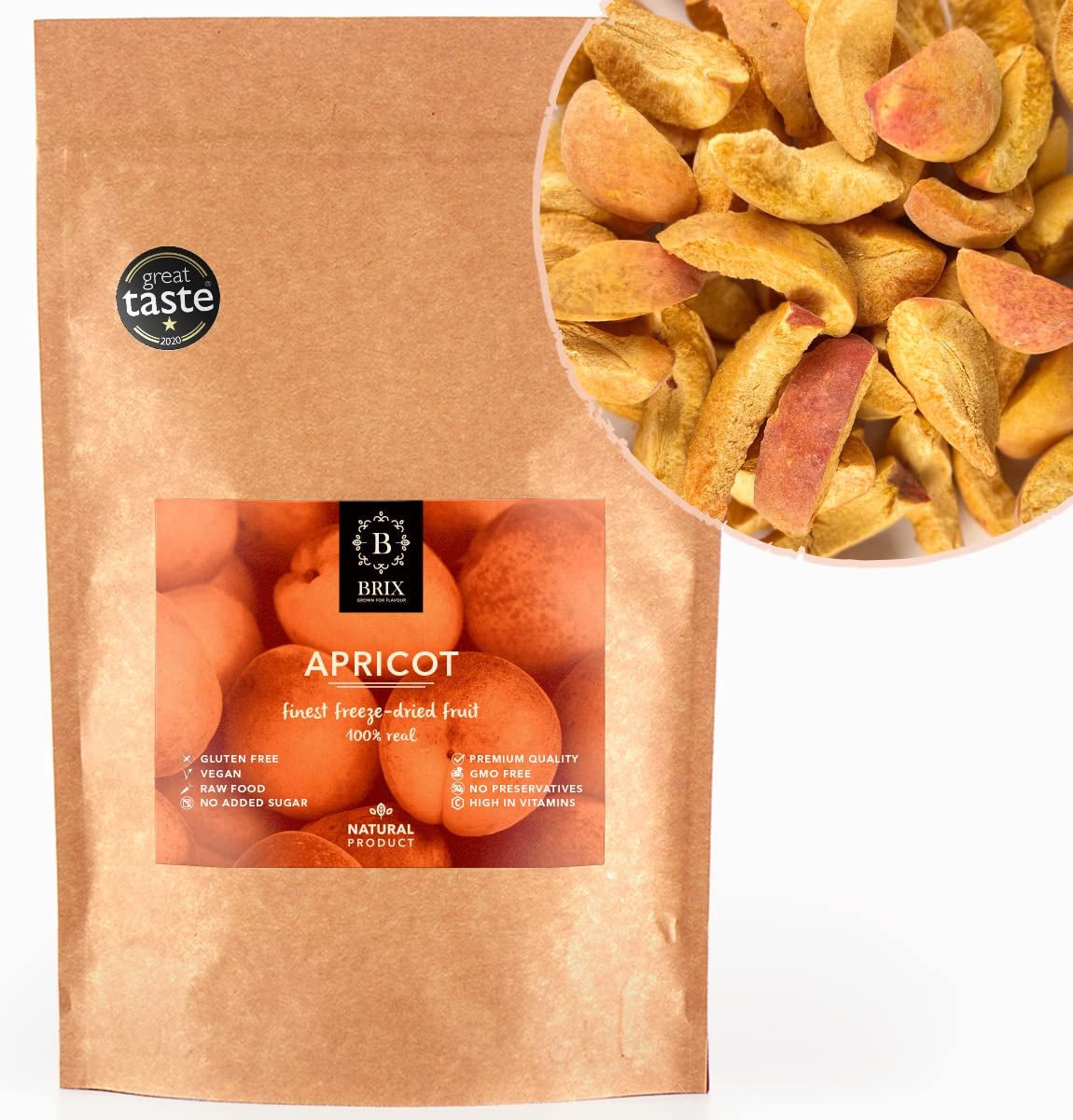 Lyofilizované meruňky BRIX | Přírodní, sušené meruňky 85 g | Great Taste Award za sušené ovoce, sušené | Bez GMO, Bezlepkové, Veganské, Konzervované vitamíny Naty Shop Dehydratované produkty Výchozí název