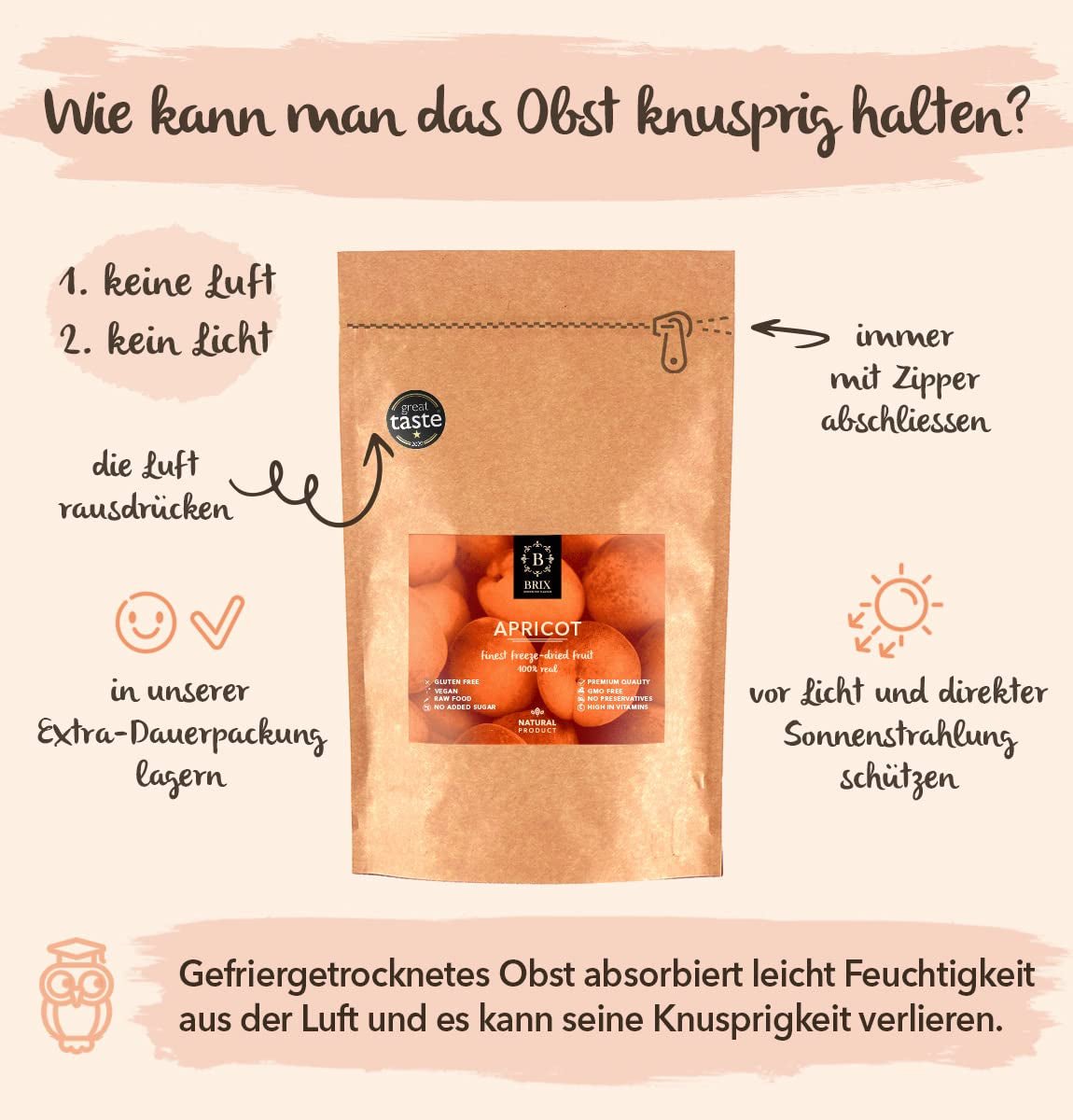 Lyofilizované meruňky BRIX | Přírodní, sušené meruňky 85 g | Great Taste Award za sušené ovoce, sušené | Bez GMO, bez lepku, veganské, s konzervovanými vitamíny Naty Shop dehydratované produkty