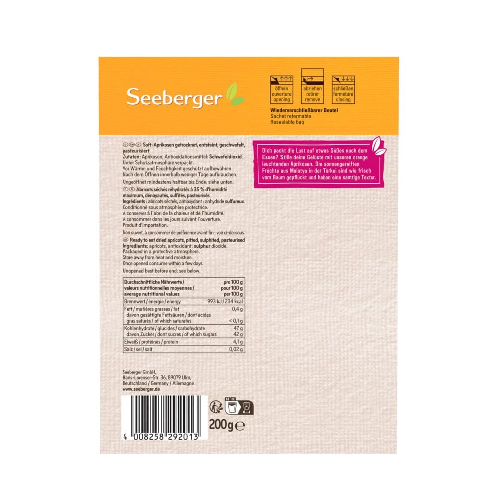 Seeberger Soft Apricots: Lahodně měkké a šťavnaté meruňky - sladká a sametová textura - bez přidaného cukru - sušené - bez pecek, veganské (1 x 200 g) Dehydrované produkty Naty Shop