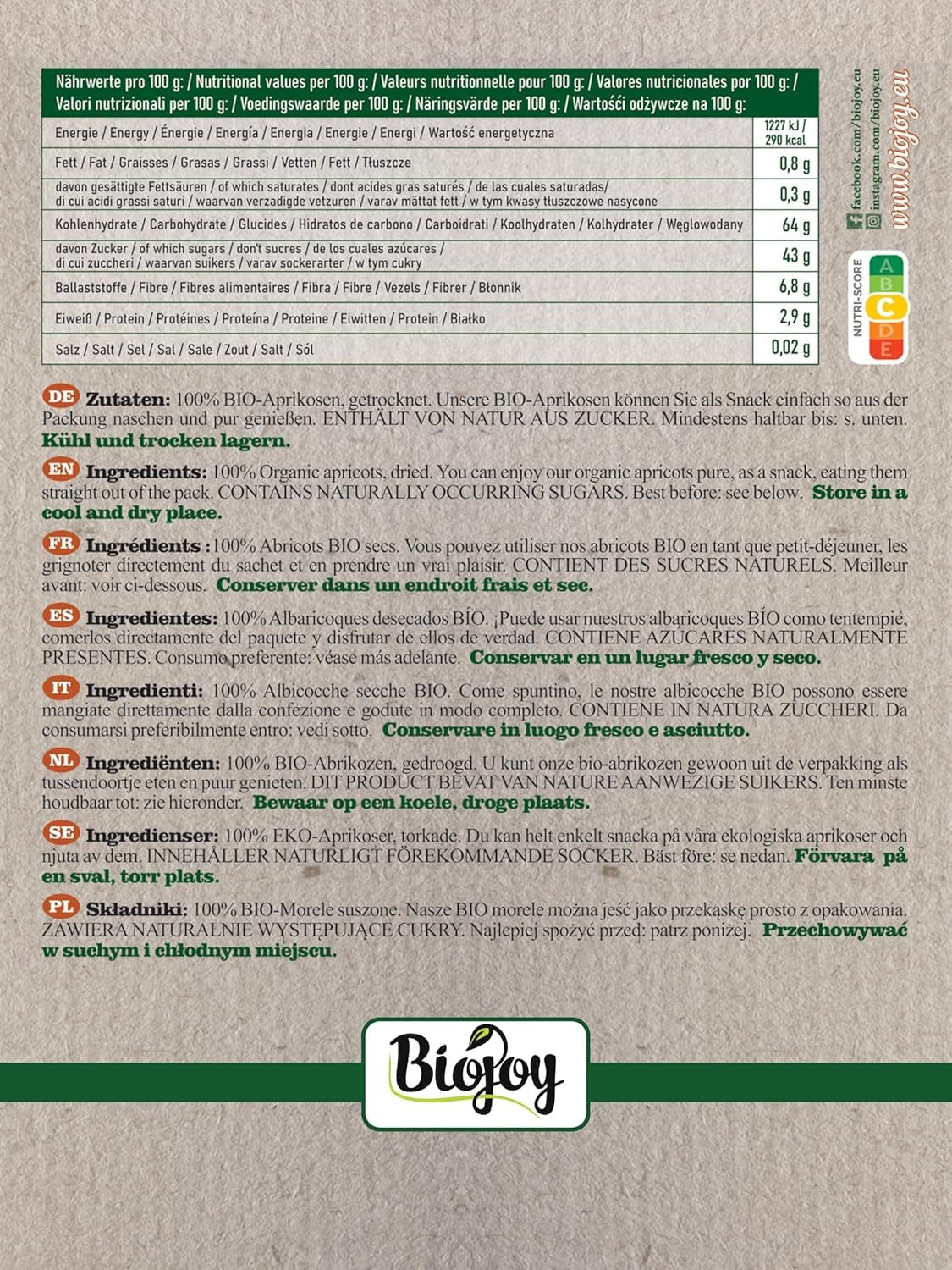 Biojoy sušené meruňky (500 g), nesířené Dehydrované produkty Můj obchod