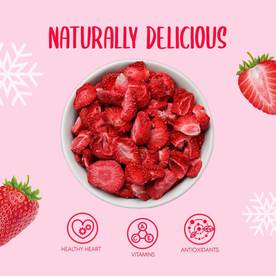 Lyofilizované jahody 150g - Lyofilizované plátky jahod - Lyofilizované sušené ovoce - Sušené jahodové ovoce - Perfektní na pečení, zdobení, svačiny, müsli, dezerty Dehydrované produkty Naty Shop