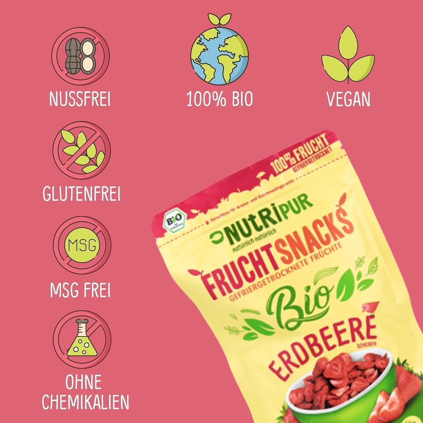 Bio lyofilizované jahody: 70 g sušených jahod do smoothie bowl, müsli, polevy na kaši - lyofilizované jahody bez přidaného cukru - lyofilizované jahody - ovoce NutriPur Dehydrované produkty Naty Shop