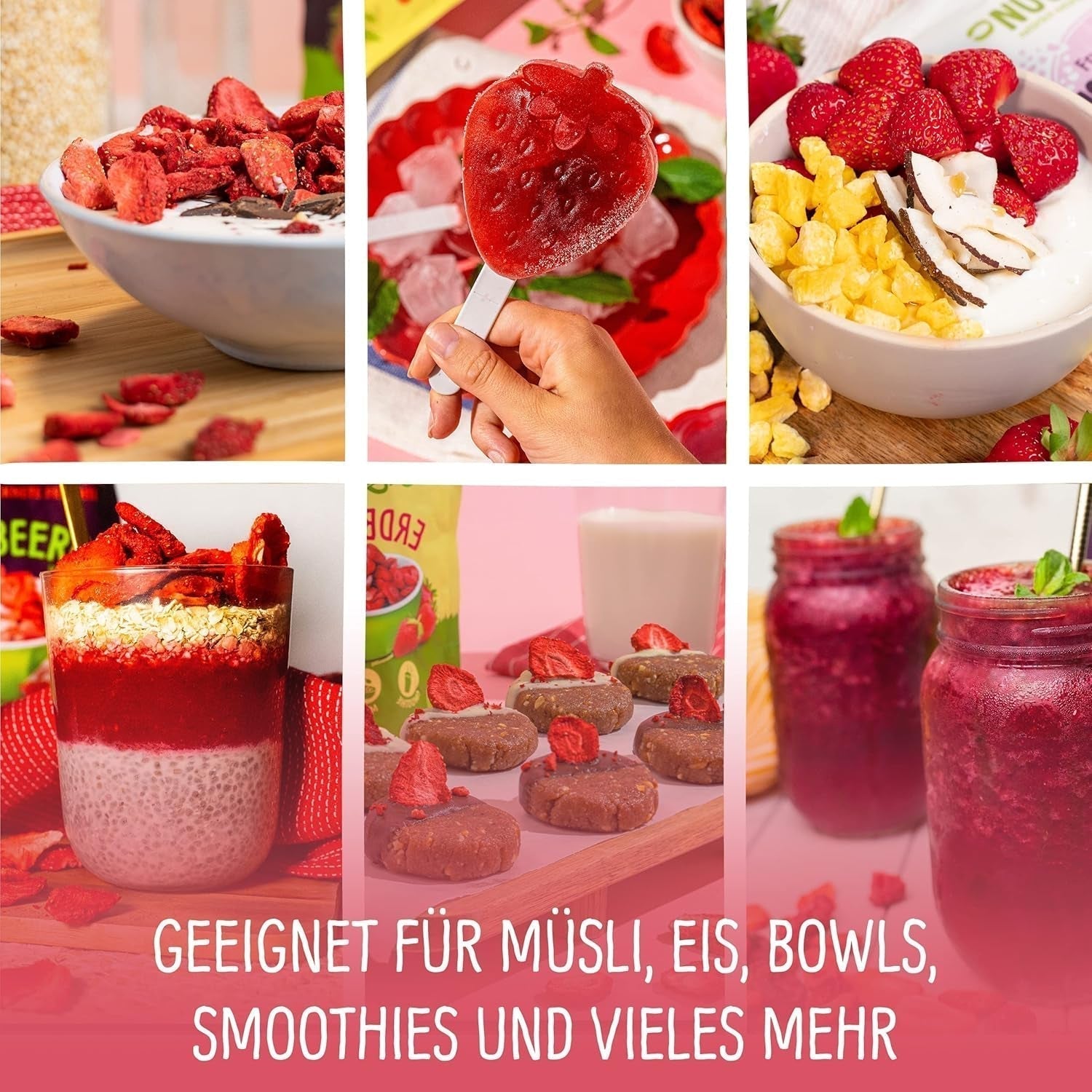 Bio lyofilizované jahody: 70 g sušených jahod do smoothie bowl, müsli, polevy na kaši - lyofilizované jahody bez přidaného cukru - lyofilizované jahody - ovoce NutriPur Dehydrované produkty Naty Shop
