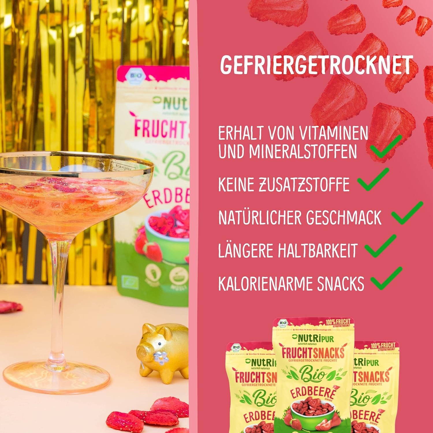 Bio lyofilizované jahody: 70 g sušených jahod do smoothie bowl, müsli, polevy na kaši - lyofilizované jahody bez přidaného cukru - lyofilizované jahody - ovoce NutriPur Dehydrované produkty Naty Shop