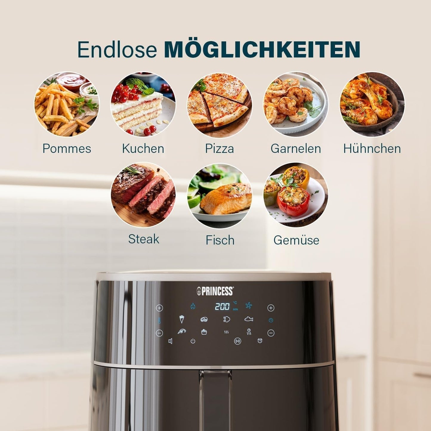 Digitální horkovzdušná fritéza Princess - Variabilní kapacita mísy - maximálně 8 litrů - 6 přednastavených programů Spotřebiče Naty Shop