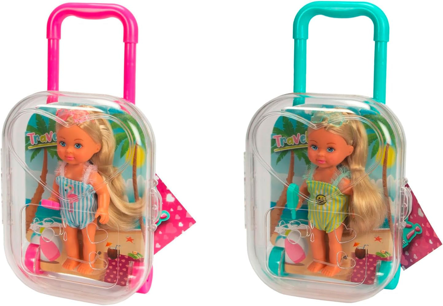 Simba Evi Love Travel, 2 různé modely, bude doručena pouze jedna položka, panenka v kufru na kolečkách, nosí nařasené plavky, obsahuje sluneční brýle a zmrzlinu, 12 cm, věk 3+