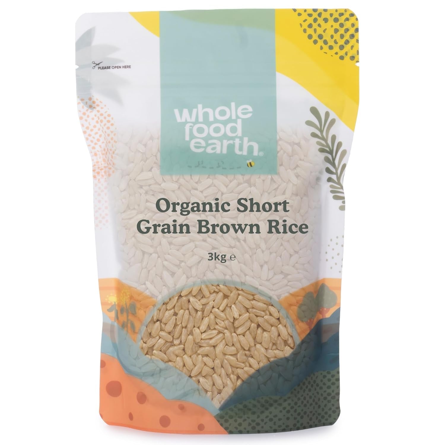 Wholefood Earth Bio Krátkozrnná hnědá rýže 3 kg Non-GMO Vegan Zdroj vlákniny z kontrolovaného ekologického zemědělství