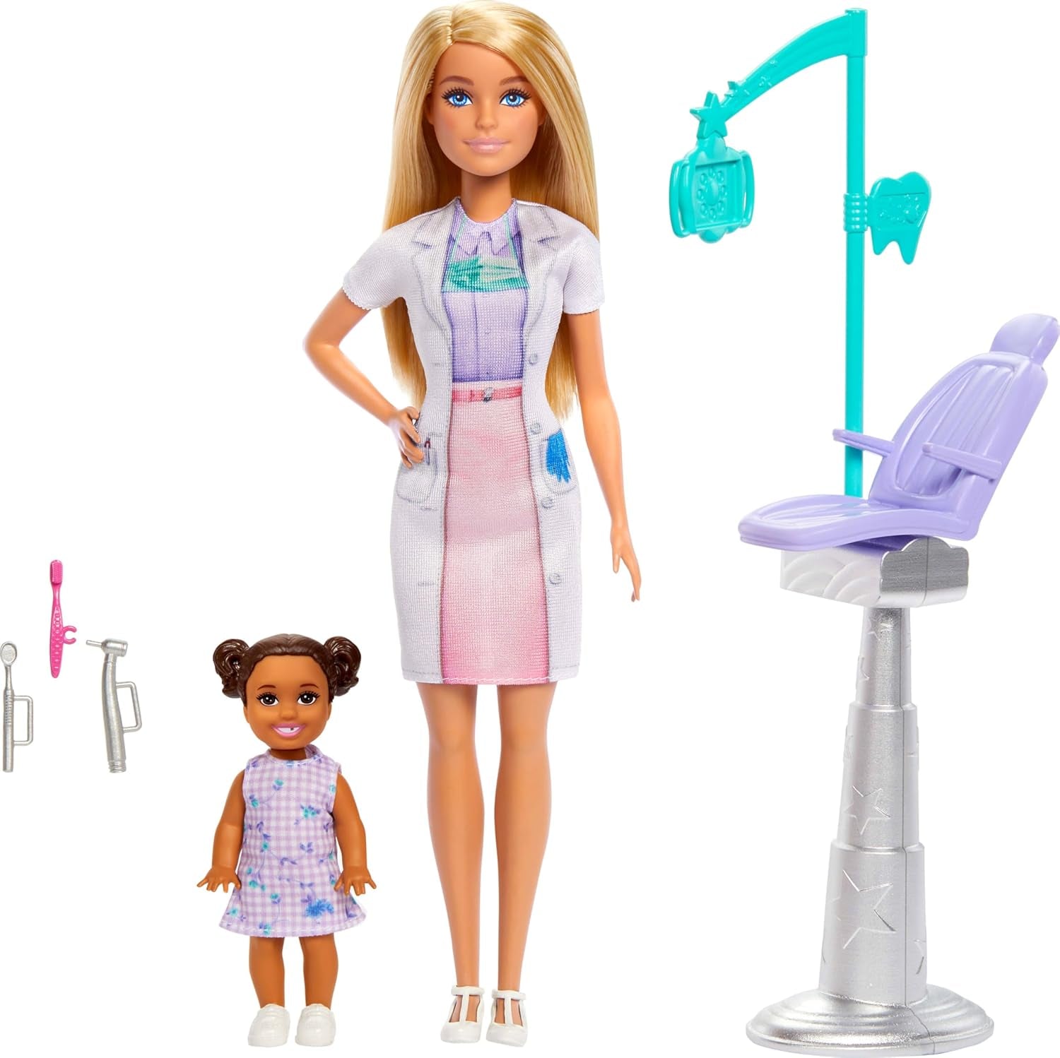 Barbie panenka zubního lékaře, módní panenka s blond vlasy, modrými šaty a laboratorním pláštěm, 1 dětská panenka, příslušenství ke zkoušce a různé doplňky, JCR74