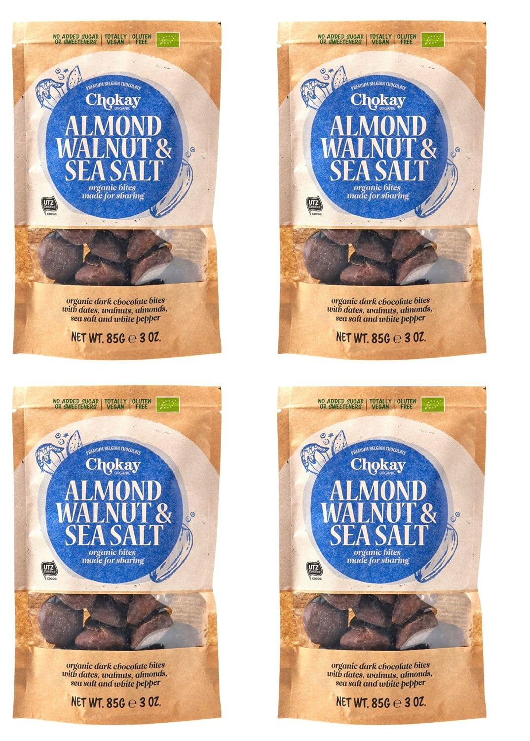 Sada 4 bio kousků - skořicové mandle/skořicové mandle v belgické hořké čokoládě/bez přidaného cukru, bez sladidel/VEGAN & FAIR TRADE / 4 x 85g
