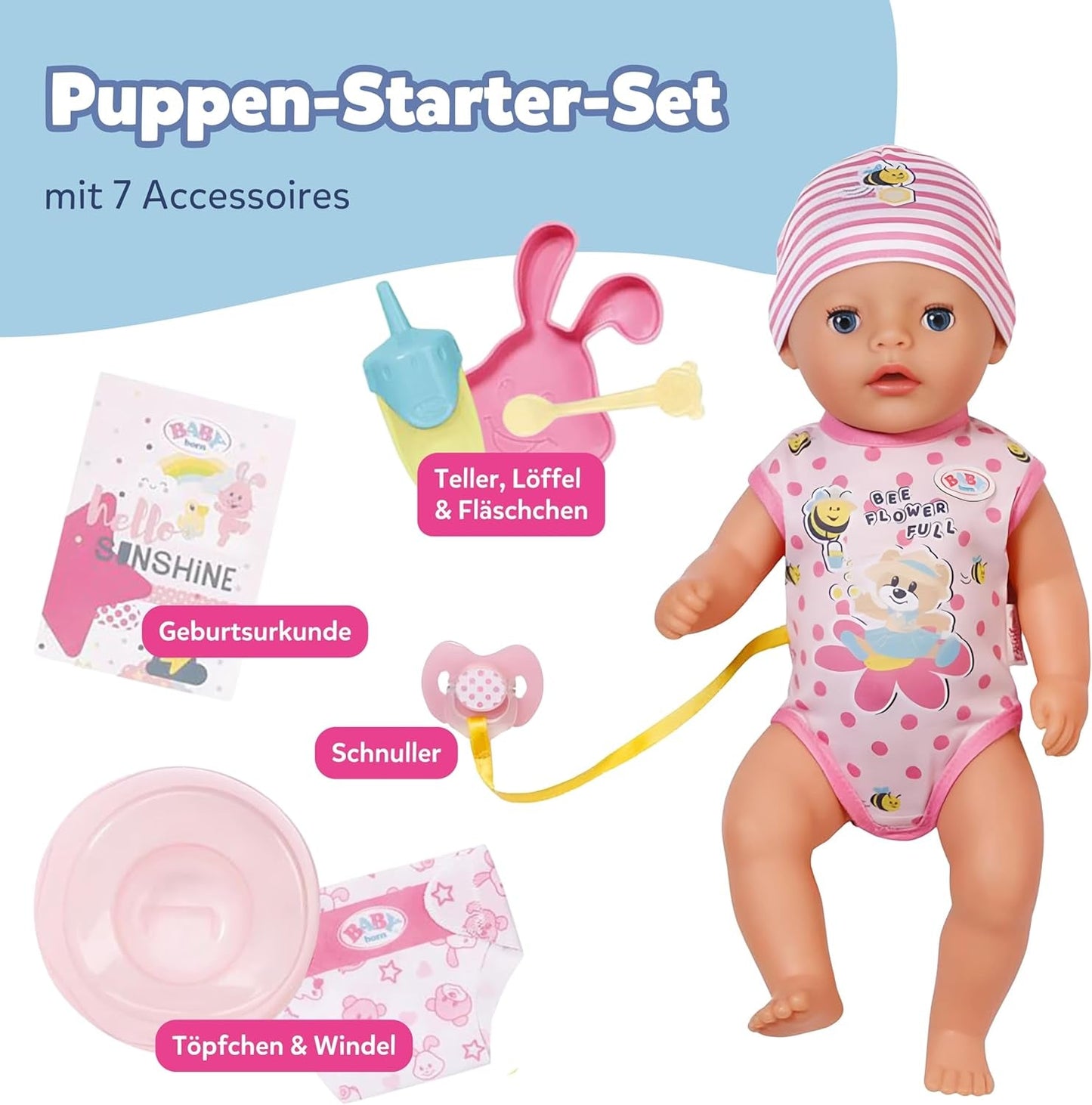 BABY Born Lena (Girl) - panenka 36 cm - 7 funkcí, včetně příslušenství a matrace - Funguje zcela bez baterií - Vhodné pro malé děti od 1 roku