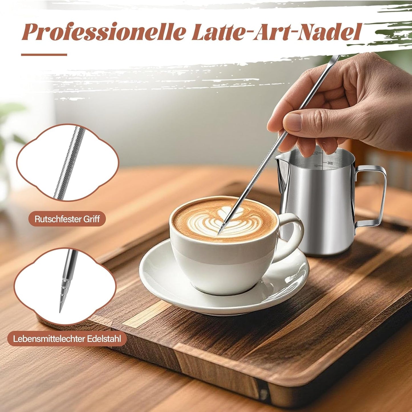 Hrnek na mléko, 350 ml Hrnek na mléko z nerezové oceli s odměrkou, příslušenství pro baristy, Hrnek na mléko na Cappuccino, Espresso, Latte Art, Milovníci kávy, Stříbro, 355 ml