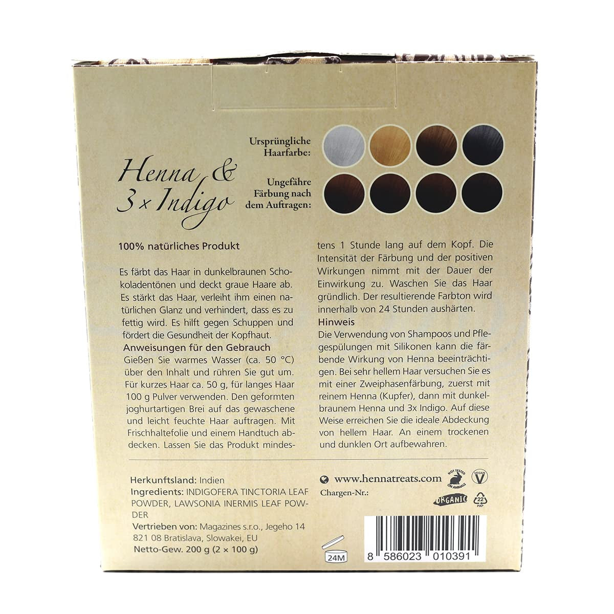 Henna & 3×Indigo - Tmavý kaštan - Přírodní barva na vlasy - Pudr - 200g Barva na vlasy Naty Shop