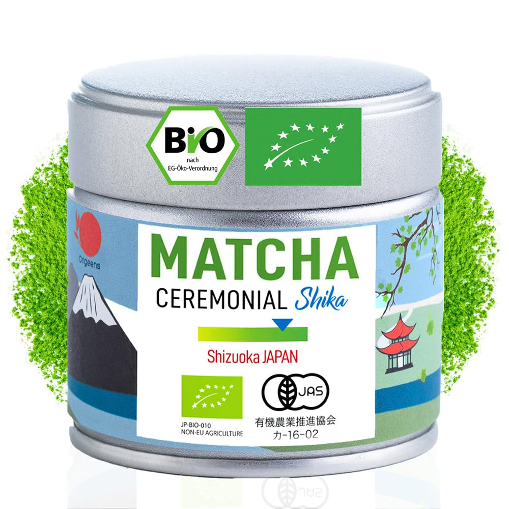 ORIGEENS BIO MATCHA CEREMONIÁLNÍ STUPEŇ "SHIKA" - Organický japonský čaj ze Shizuoka - Matcha Latte/Usucha - 30g doplňovací sáček - Ceremoniální stupeň organického Matcha zeleného čaje v prášku