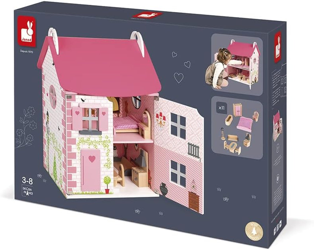 Janod - Dřevěný domeček pro panenky Mademoiselle, 3 patra a 11 doplňků, replika hračky, rozvíjí představivost, věk 3+, J06581, domečky pro panenky Pink Naty Shop