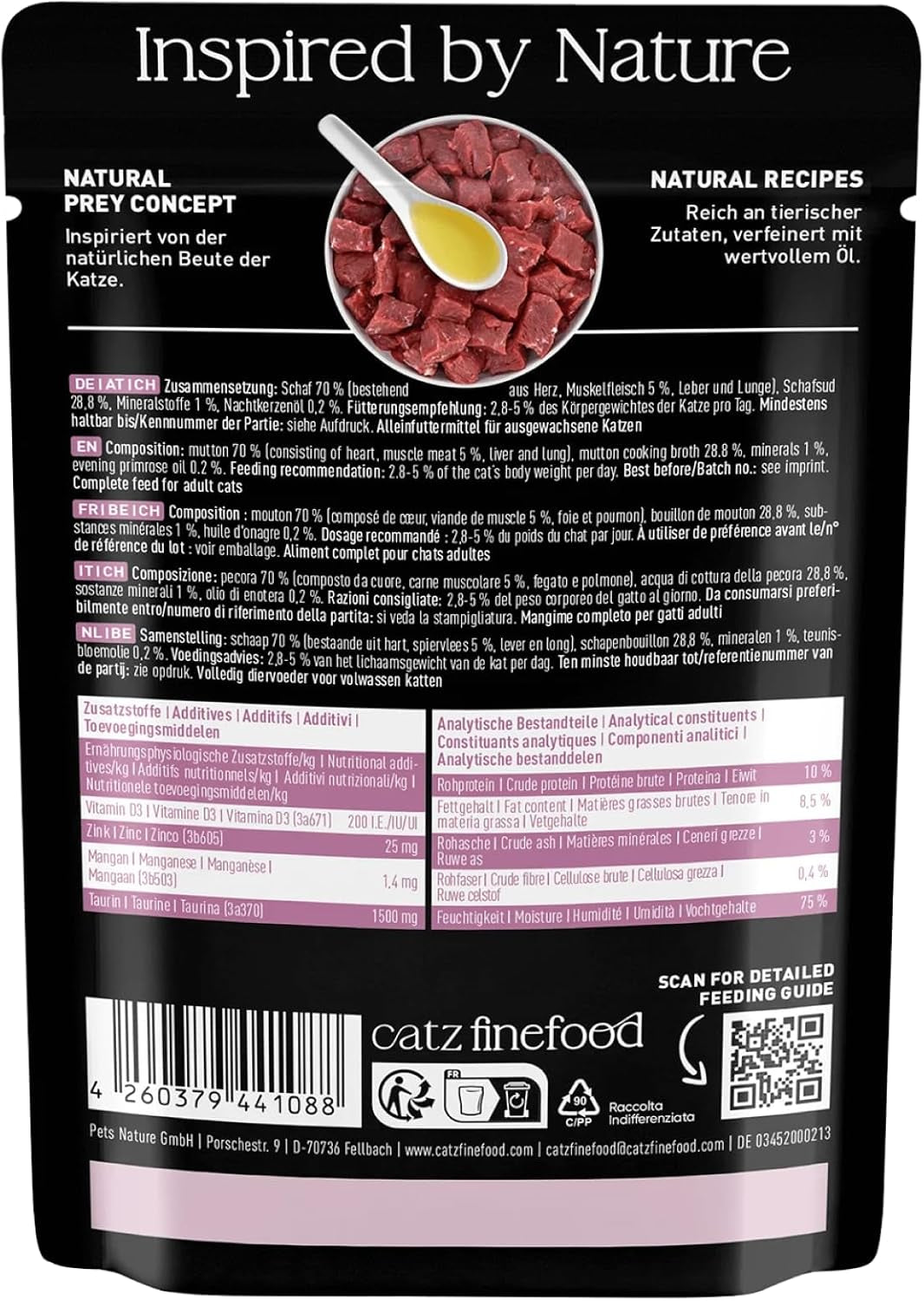 Mokré krmivo pro kočky Catz Finefood Purrrr Sheep Monoprotein no. 113, pro kočky s citlivým zažíváním, 70% obsah masa, 16 sáčků po 85 g