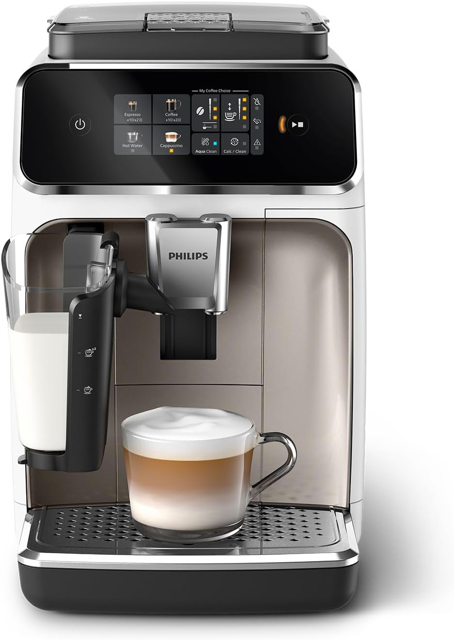 Automatický espresso kávovar PHILIPS řady 2300 - 4 nápoje, moderní barevný dotykový displej, systém přípravy mléka LatteGo, SilentBrew, 100% keramický mlýnek, filtr AquaClean. Matná černá (EP2330/10)