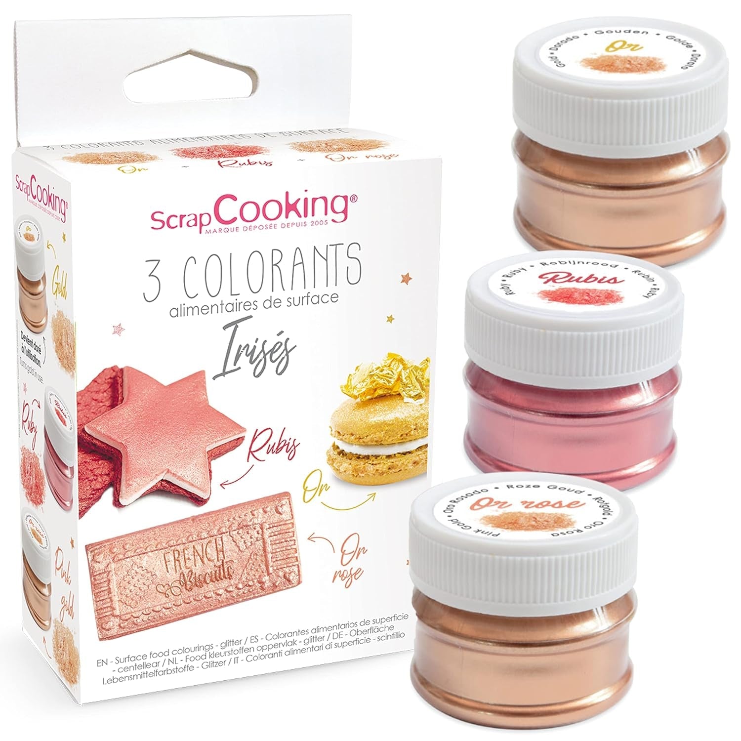 Scrapcooking - Sada 3 kovových potravinářských barviv - Potravinářské barvivo: zlaté, růžové zlato a rubínové - Jedlé potravinářské barvivo na pečení, dorty, sušenky, dorty, čokoláda - 4019