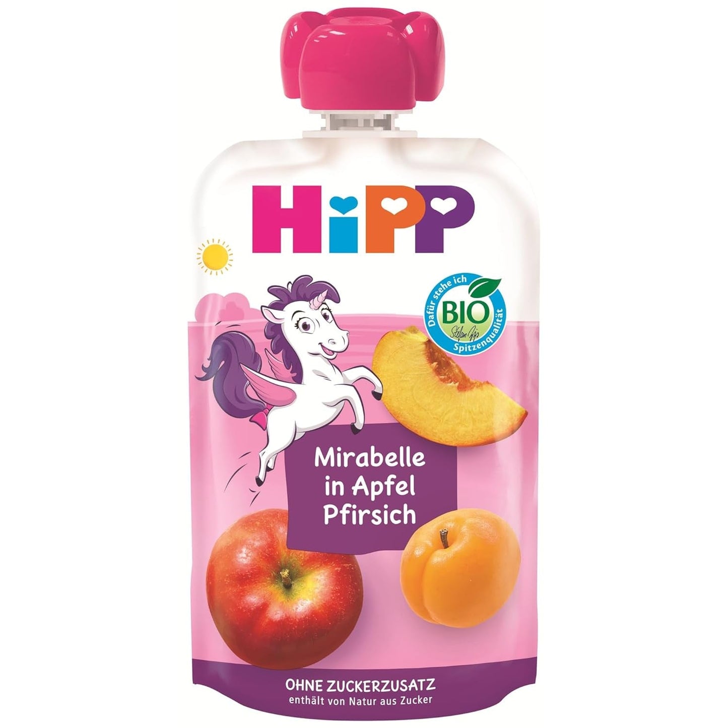 HiPP Bio Quetschie Mirabelle in Apfel-Pfirsich - Ellis Einhorn (8 x 100 g), ab 1 Jahr, 100% Fruchtpüree, bez Zuckerzusatz, vegan, v nejlepší Bio-Qualität