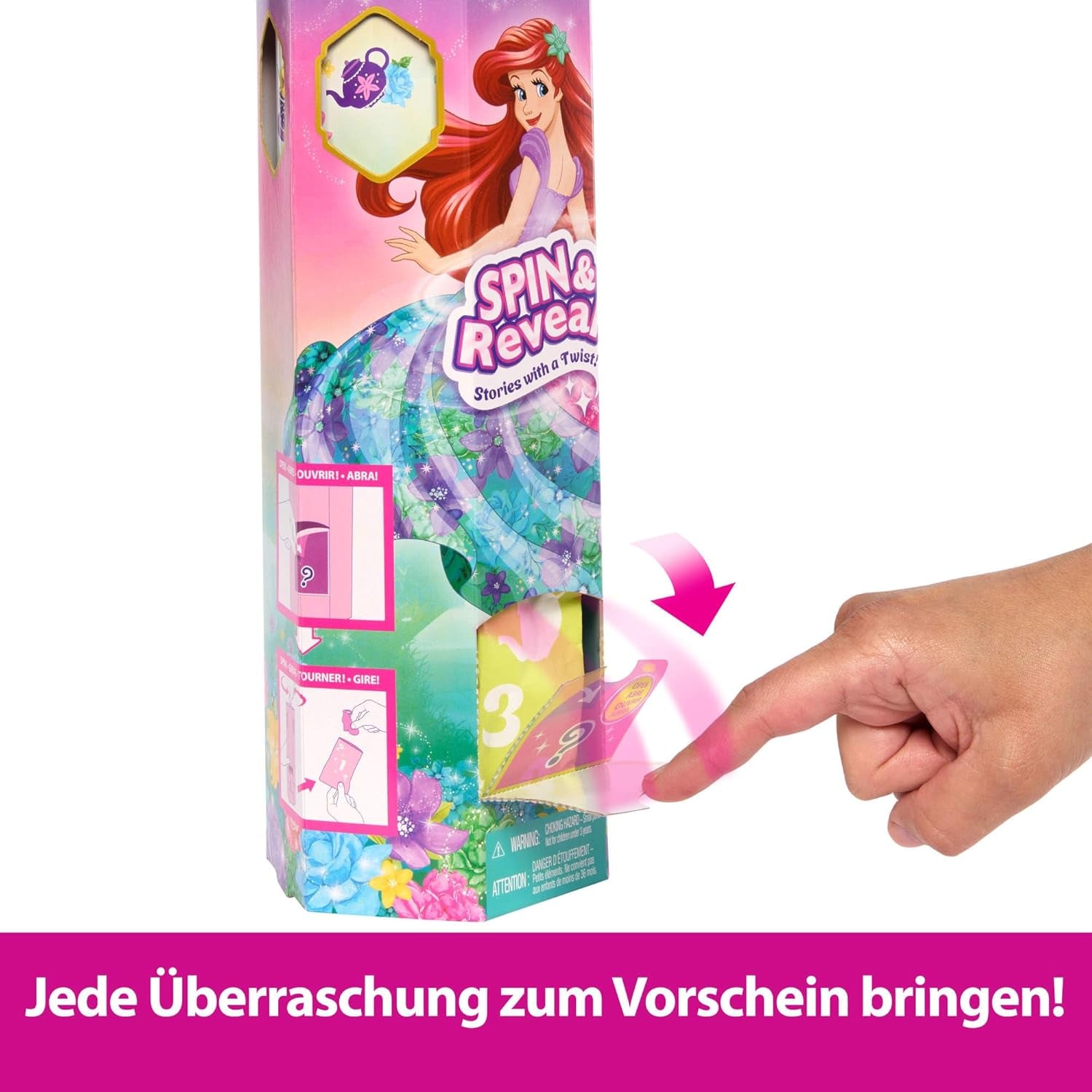 Mattel Disney Princezna Ariel Spin & Reveal Sada módních panenek s 11 překvapeními, včetně 5 doplňků, 5 samolepek a herní scény inspirované filmem HTV88
