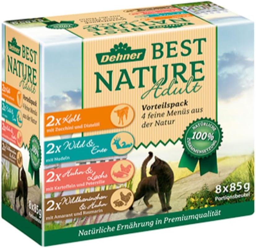 Dehner Best Nature Katzenfutter Multipack, Nassfutter, für ausgewachsene Katzen, je 2 x Kalb / Wild / Huhn / Kaninchen, 8 x 85 g sáček (680 g)