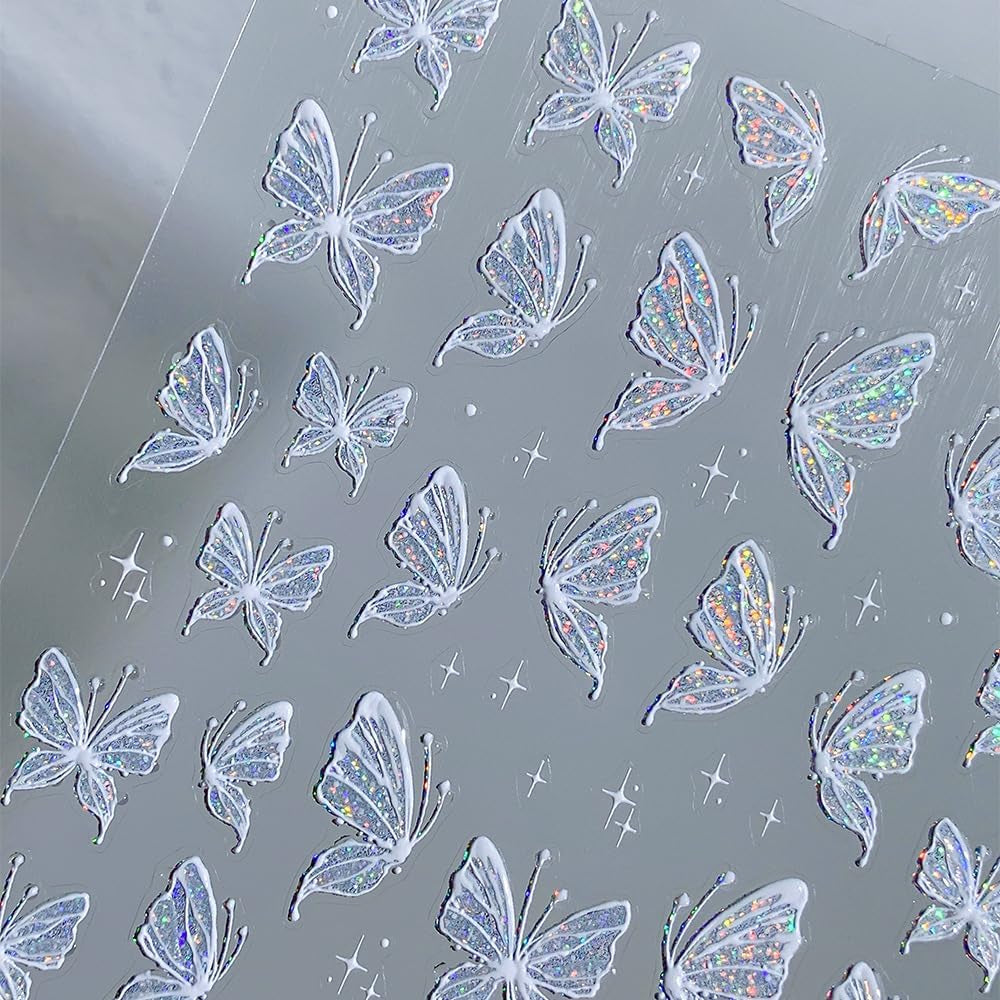 Aurora Muschel Schmetterling Samolepka na nehty Weiß Schmetterlinge Samolepka na nehty Gelee Relief Butterfly Nagelaufkleber Y2K Butterflies Nagel Sticker Nägel Nageldesign Nagel Zubehör Samolepky na nehty Nailart