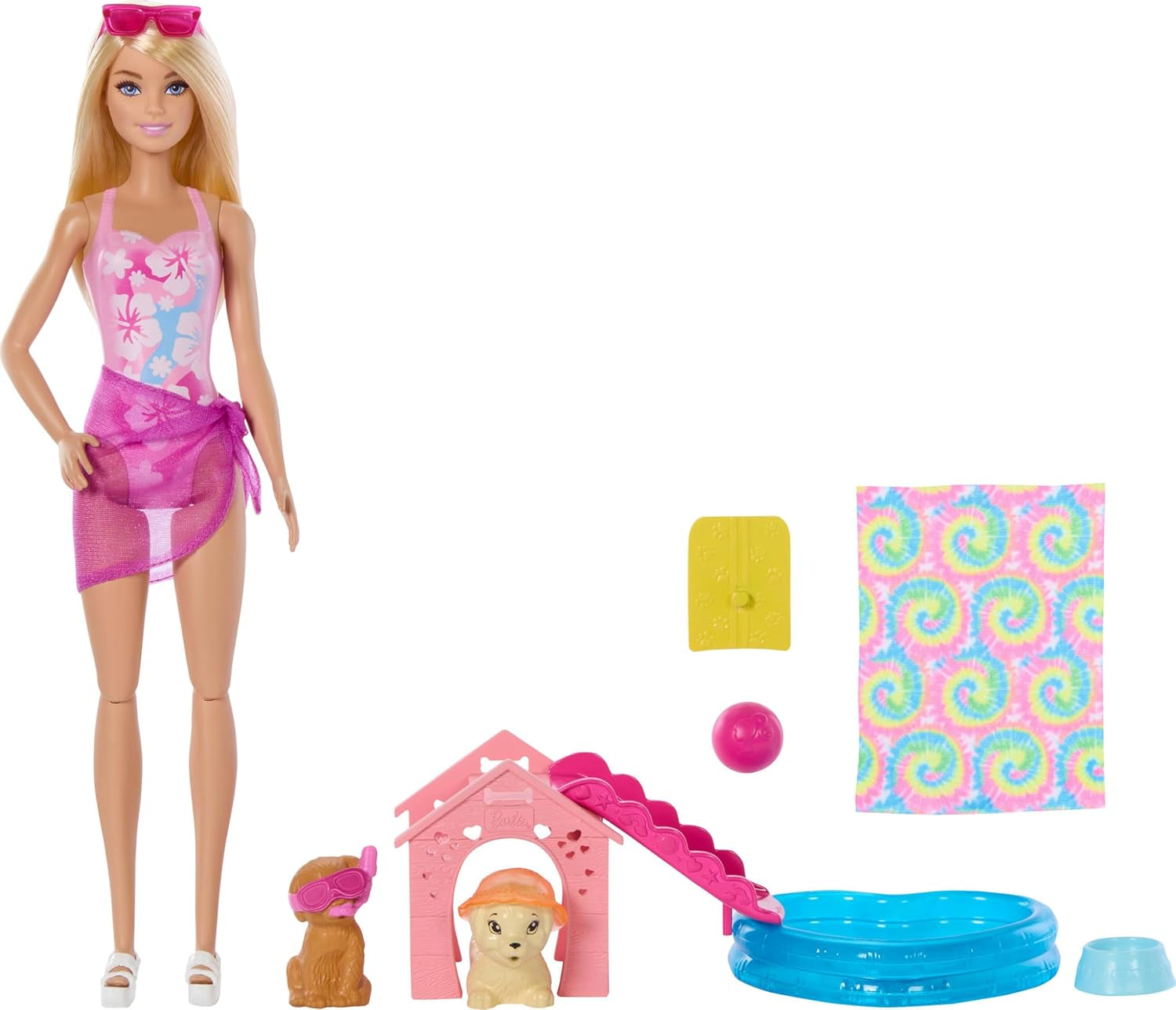 Hrací sada Barbie pro štěně Pool Party s módní panenkou, psím domečkem a skluzavkou, srdíčkovým bazénkem, 2 figurkami psů, 6 doplňků a měničem barev, JBF35