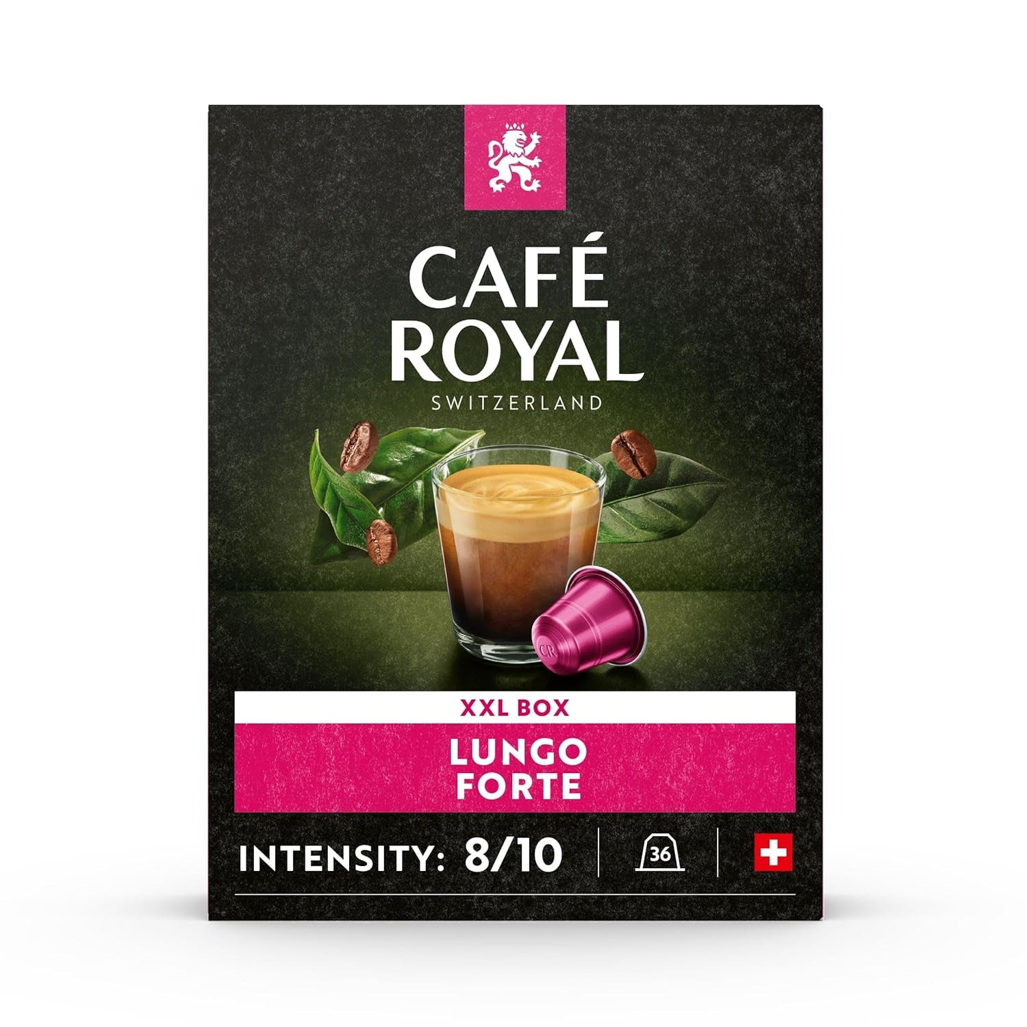 Café Royal Lungo Forte 36 Kapsel pro Nespresso Kaffee Maschine - 8/10 Intensität - UTZ-zertifiziert Kaffeekapseln aus Aluminum (Backung mit 2)