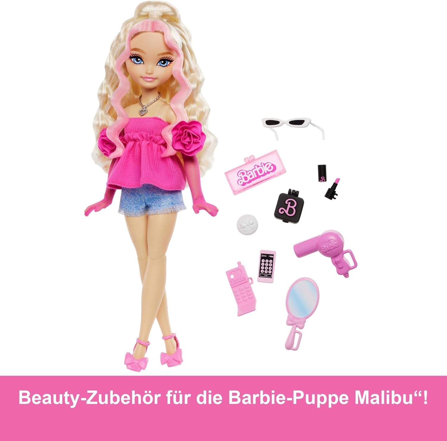 Barbie Dream Besties Puppe and Accessoires, bewegliche Barbie Malibu“ Modepuppe with welligem blonden Haar, 11 Teile zum Thema Make-up and Haare, HYC21