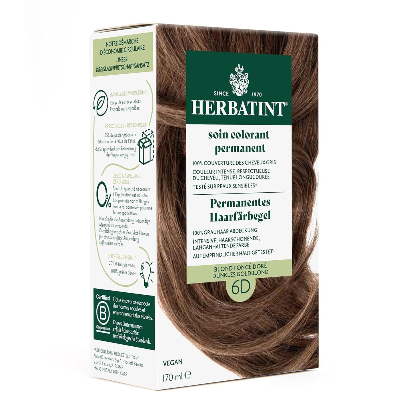 Permanentní gel na barvení vlasů 6N tmavá blond - 170 ml I Bez amoniaku, 100% krytí šedých vlasů Testováno na citlivé pokožce, s 8 rostlinnými výtažky Naty Shop Hair Dye 6D Dark Golden Blonde