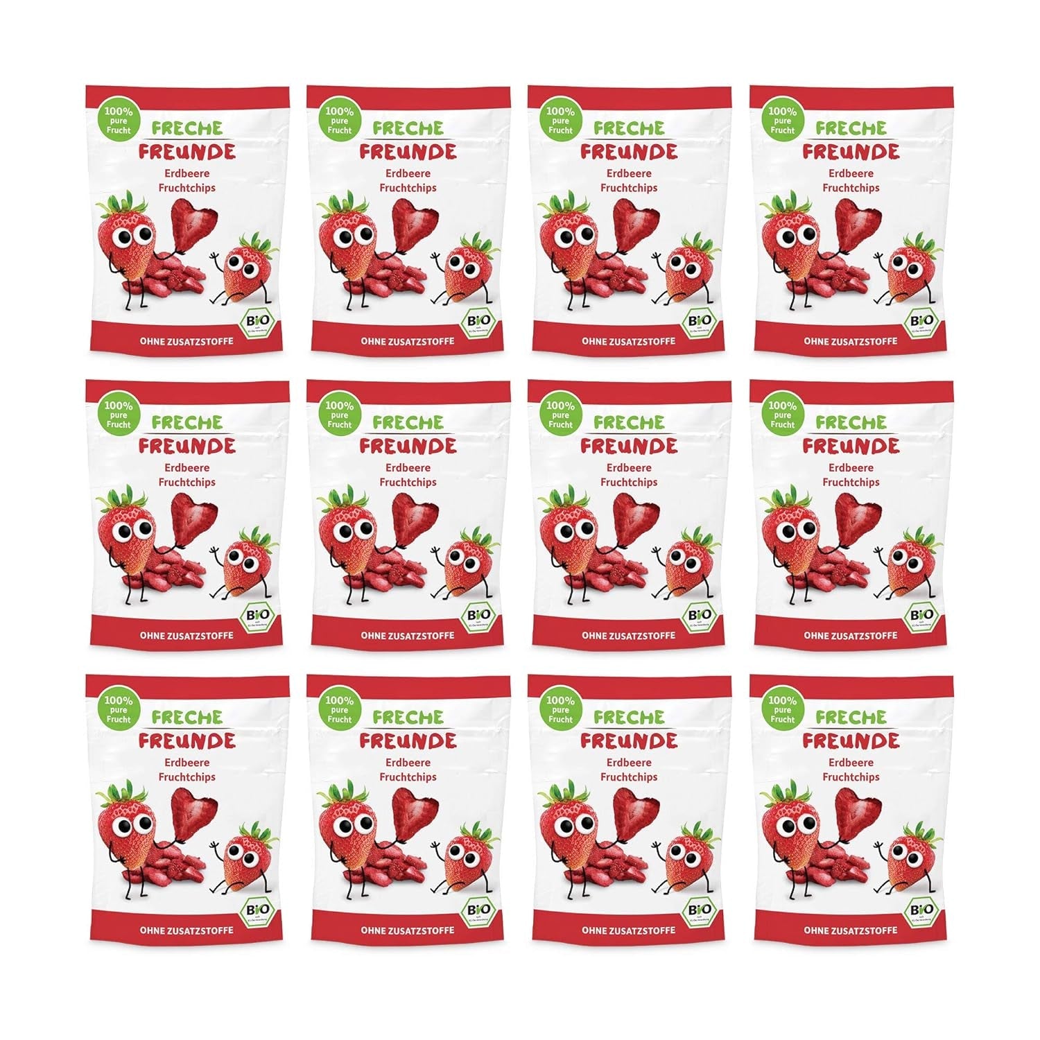 Bio ovocné chipsy "100% jahoda" mrazem sušené jahodové chipsy (12 x 12 g) a nové bio křupavé kukuřičné a mrkvové flips, bio svačina, od 1 roku, (9 x 30 g) 270 g
