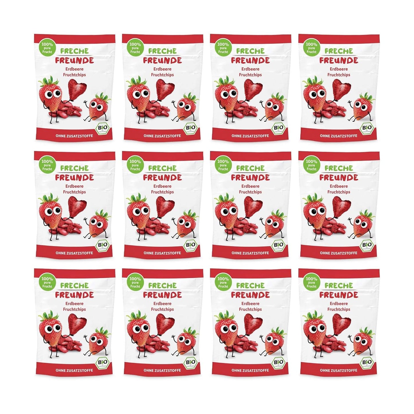 100% jahodové bio ovocné chipsy mrazem sušené jahodové chipsy Balení po 12 kusech (12 x 12 g) a křupavé srdce banán & jahoda bio dětské a kojenecké občerstvení (9 x 30 g) 270 g