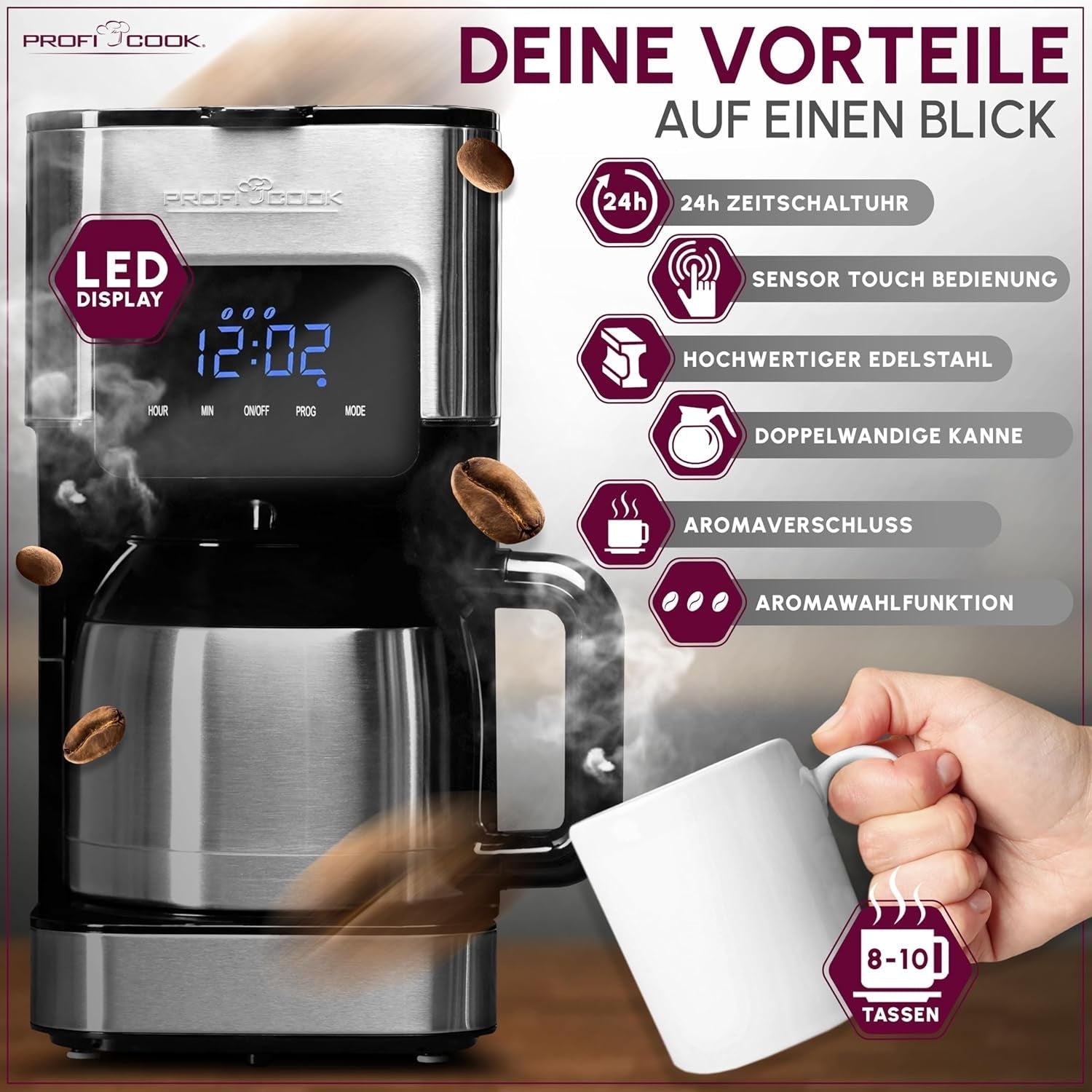 Kávovar Profi Cook | 8-10 šálků | Časovač | Senzorové dotykové ovládání | Termoska s dvojitou stěnou 1,2 litru | Chuťová pečeť | Nerezový kávovar s filtrem | PC-KA 1191