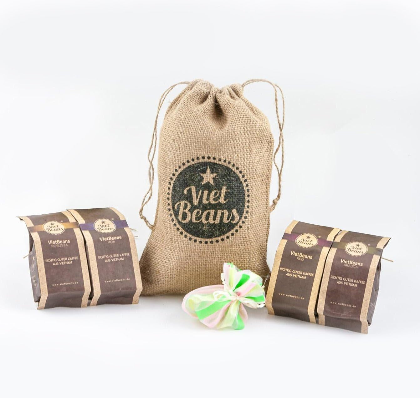 Kaffee Geschenk für Kaffeeliebhaber - Kaffeesack Juta - Vier Sorten exotischer Kaffee im Jutesack - Weihnachten Geschenkidee - Geschenk für Kaffeetrinker - Ganze Bohne