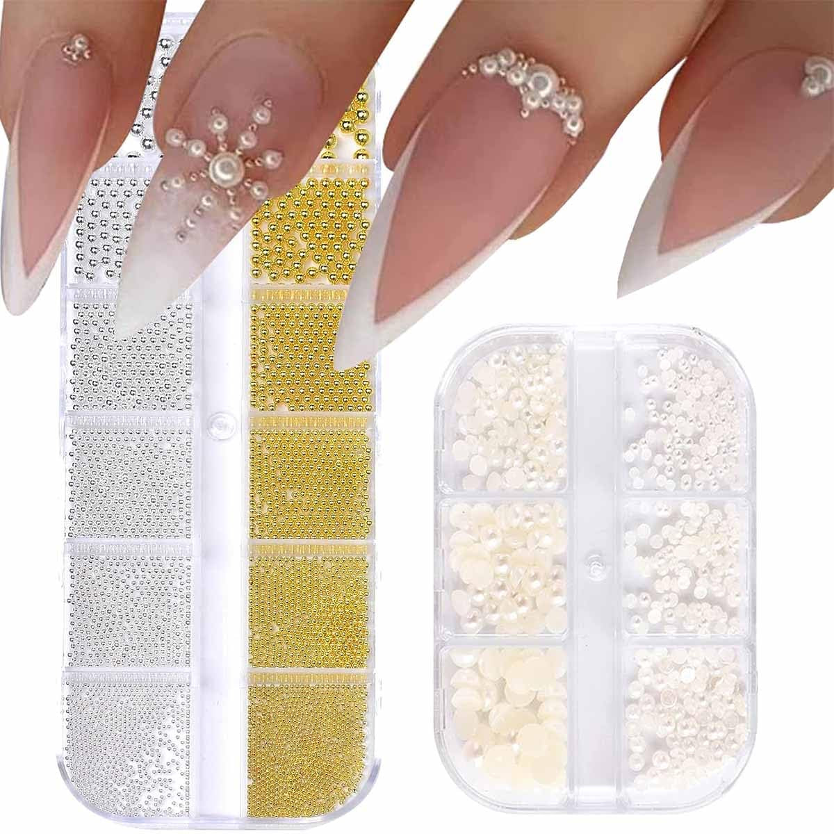 GZMAYUEN Nail Art Perlen Micro Caviar Für Nägel, 0,3-3 mm Goldene Silber Mini Caviar Strasssteine, Weiß Béžový Mini Nägel Perlen Mikroperlen Dekor Für Nägel