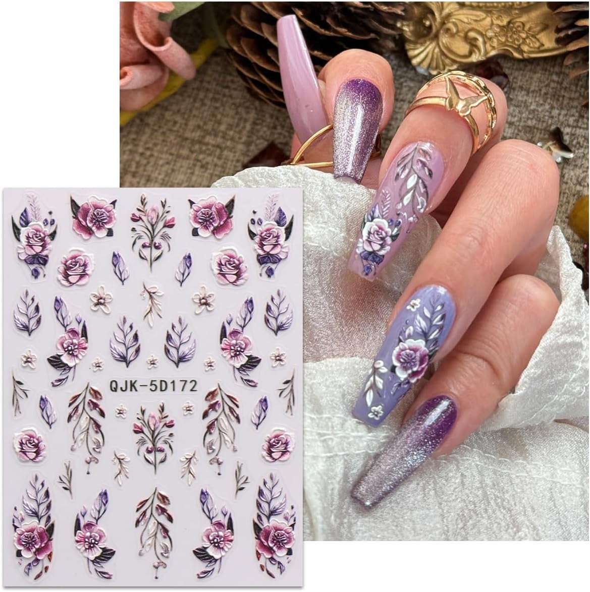 JMEOWIO 3D Nálepka na nehty Blumen Nálepka na nehty Selbstklebend Nagelaufkleber 5D Stereoskopické jarní letní dekorace Nageldesign Zubehör 4 Blatt