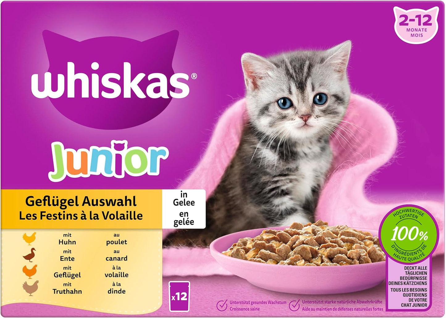 WHISKAS Junior sáčky na mokré krmivo, více balení, výběr z drůbežího masa v želé, 12 x 85 g