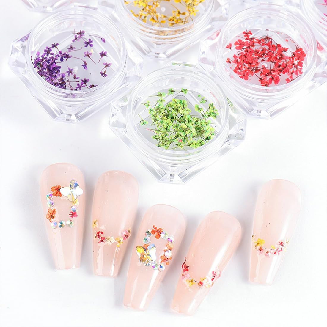 EYVRPAU 6 Stück Nail Art Sada květin Dekorace, Gelnägel Zubehör 6 Farben, Nail Art Aufkleber Trockene Blumen Kit Getrocknete Blumen Zubehör Set DIY Nageldekoration
