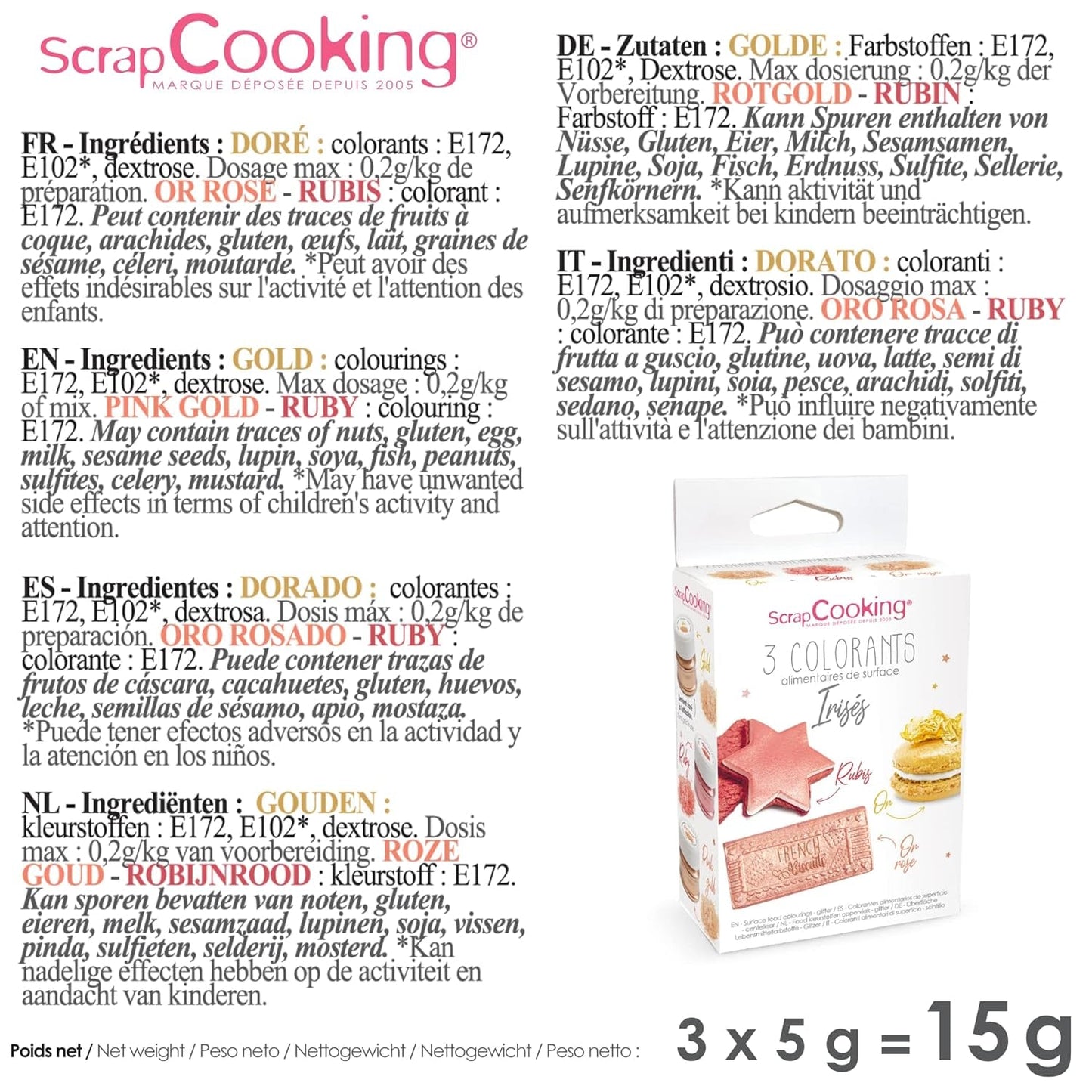 Scrapcooking - Sada 3 kovových potravinářských barviv - Potravinářské barvivo: zlaté, růžové zlato a rubínové - Jedlé potravinářské barvivo na pečení, dorty, sušenky, dorty, čokoláda - 4019