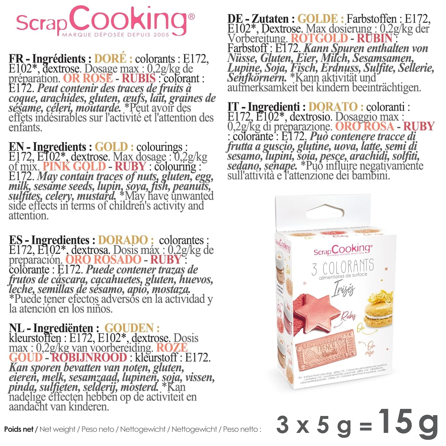 Scrapcooking - Sada 3 kovových potravinářských barviv - Potravinářské barvivo: zlaté, růžové zlato a rubínové - Jedlé potravinářské barvivo na pečení, dorty, sušenky, dorty, čokoláda - 4019