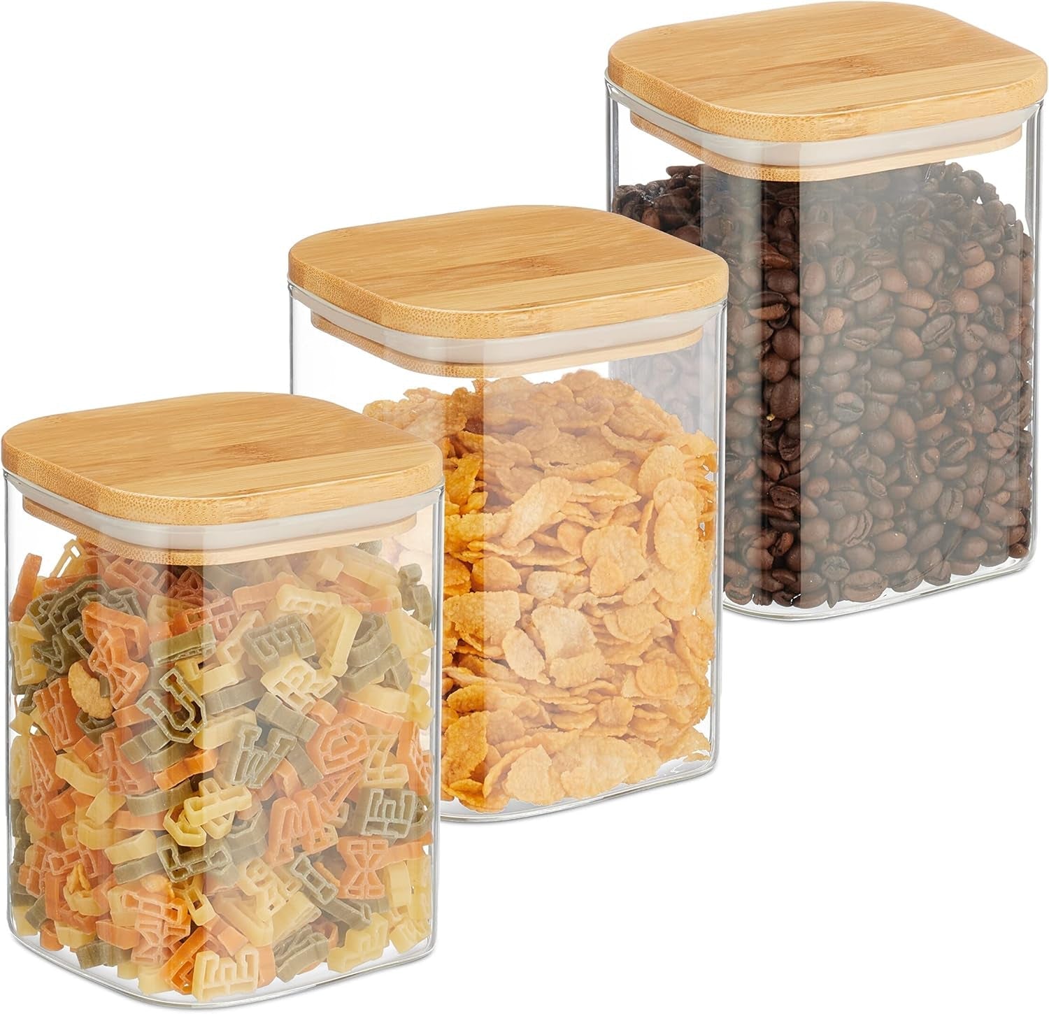 Relaxdays úložné dózy s bambusovými víčky Sada 3 čtvercových skleněných dóz 900 ml nepropustné průhledné/přírodní dózy na potraviny Naty Shop Výchozí název