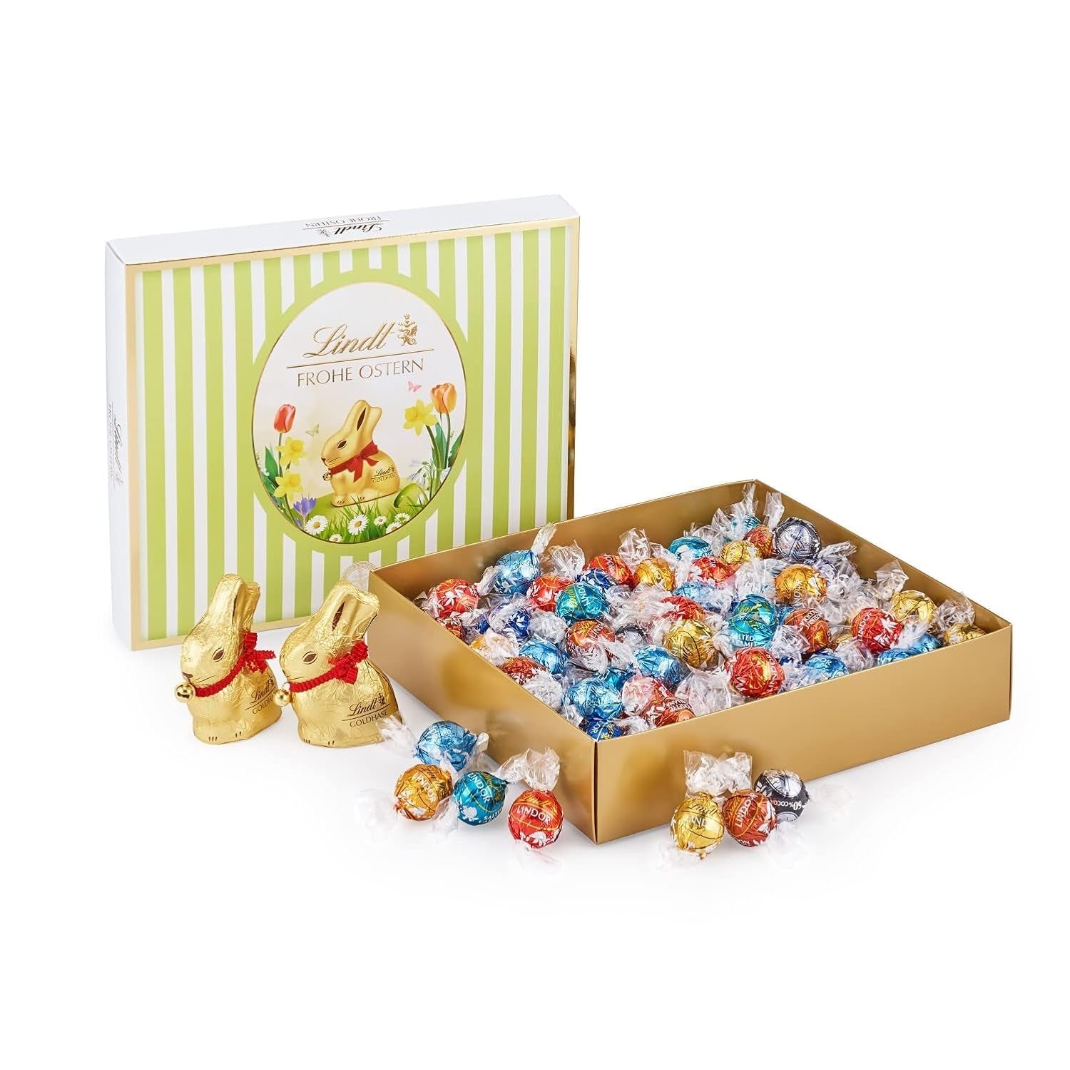 Velikonoční rozmanitý balíček Lindt Čokoláda LINDOR | 1,2 kg | 2 mléčné čokolády GOLD BUNNY a 8 odrůd LINDOR: mléčná čokoláda, Noisette, tmavá, bílá, černá 60 %, karamel, slaný karamel, stracciatella | Velikonoční čokoláda | Velikonoční zajíček