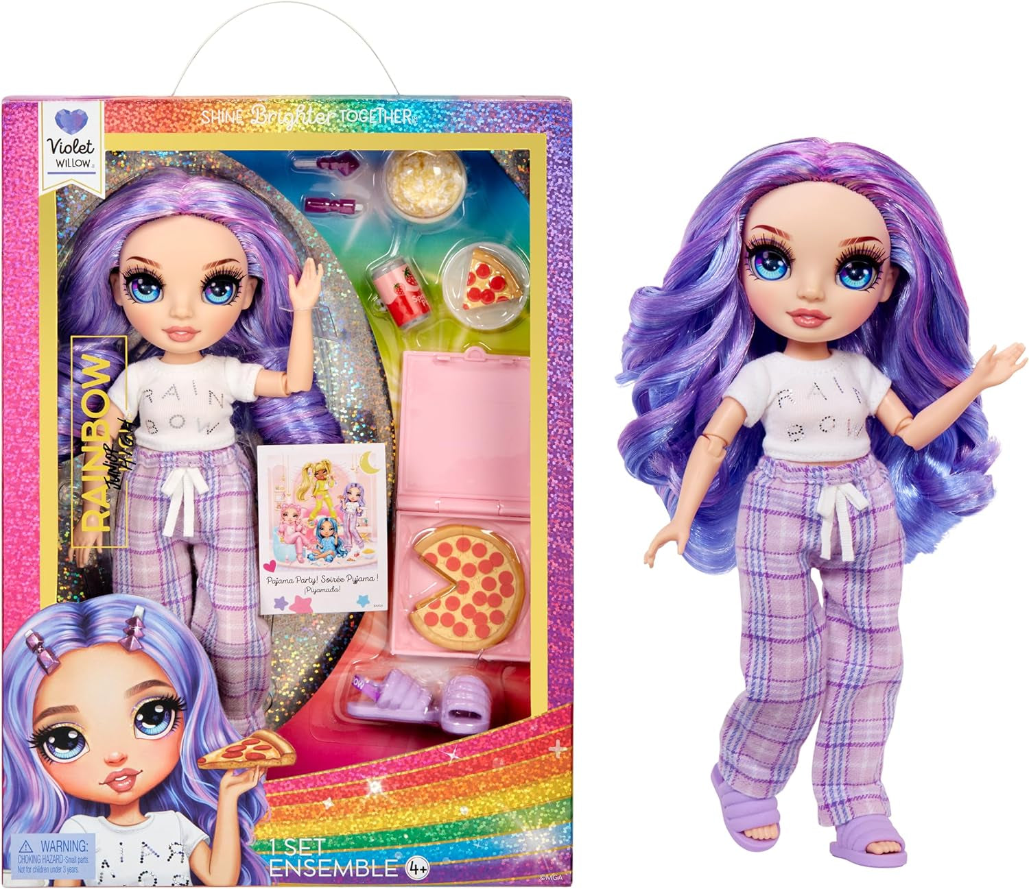 Panenka Rainbow High Junior High PJ Party - Fialová - 22 cm s měkkou kombinézou, pantoflemi a herními doplňky - Dětská hračka - Ideální pro 4-12 let