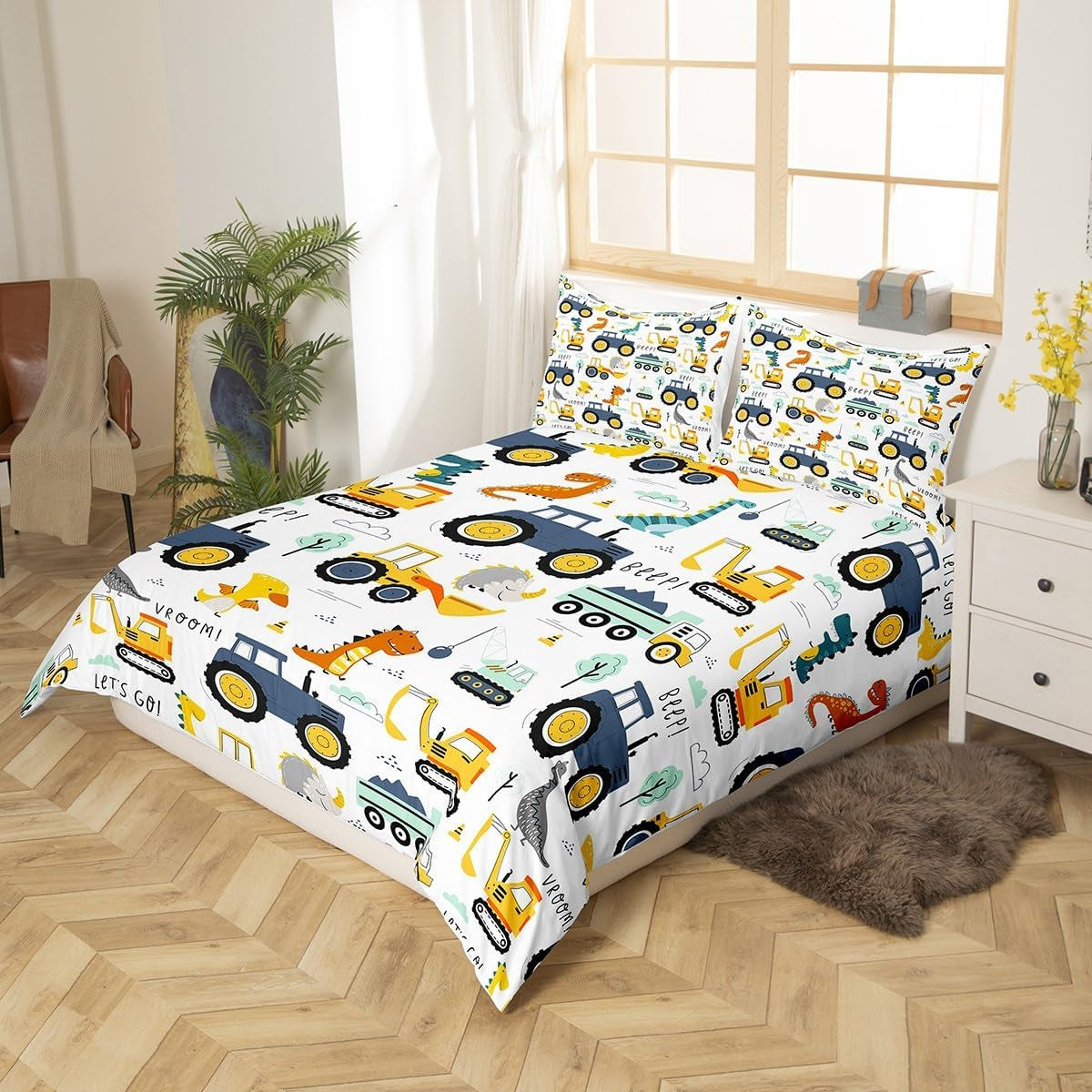 Jungen Cartoon Povlečení do auta 135X200,Kinder Bau Fahrzeuge Tröster Abdeckung Für Kind Kleinkind Teens,Dinosaurier Bettbezug,Traktor Maschinerie Bagger Bettdecke Abdeckung,Lkw Autos Bettdecke Naty Shop