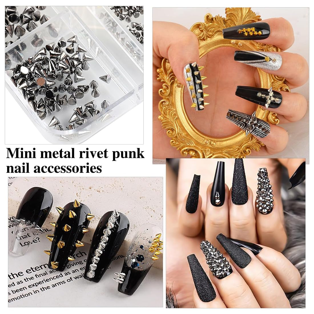 Mini Metall Nieten Punk Přívěsky na nehty Zlatá Stříbrná Strasssteine ​​Nägel Přívěsek Kegel Spikes Nagelschmuck Glitzersteine ​​Study na nehty Nagel Steine ​​​​Legierung Nagelanhänger Kamínky Nageldesign Zubehör