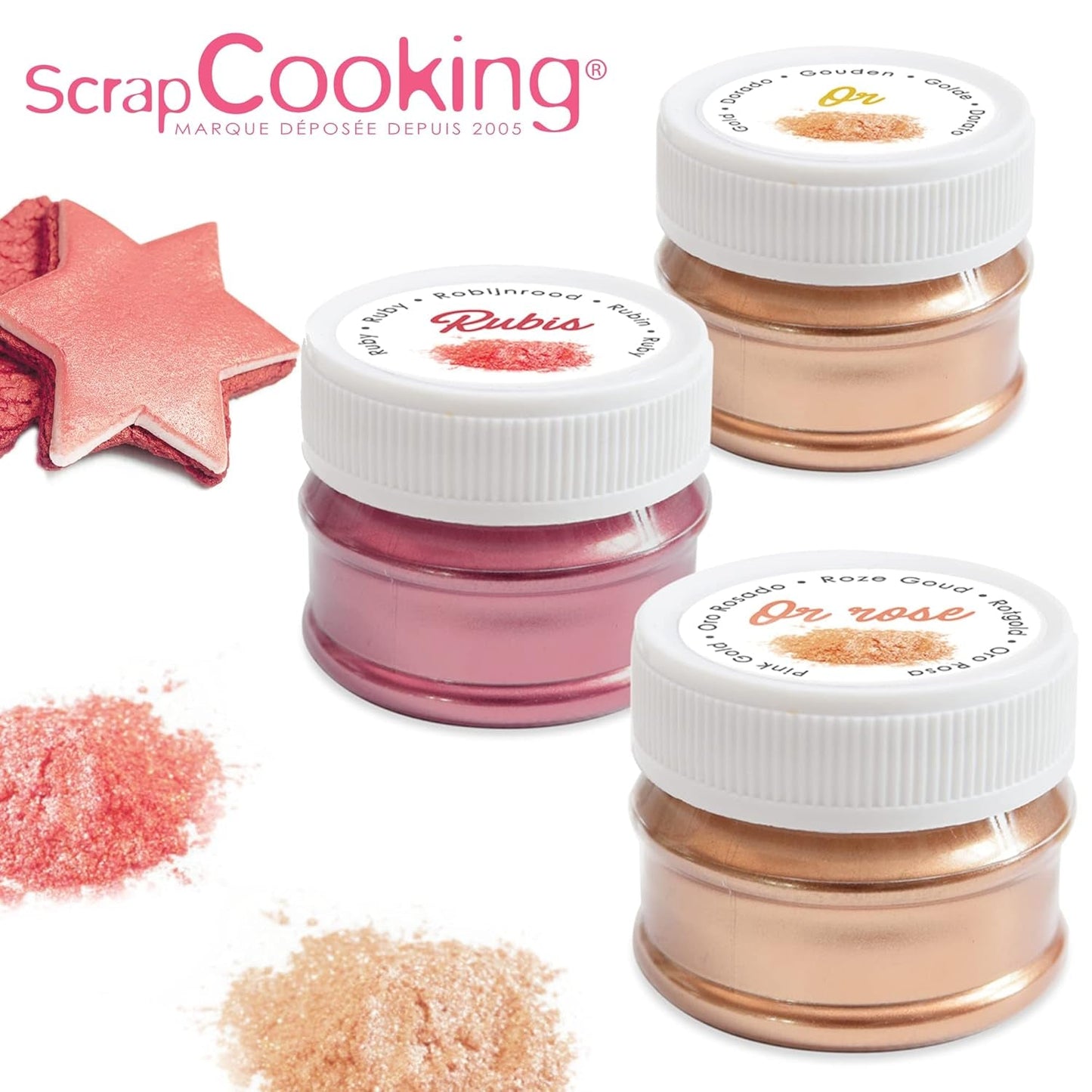 Scrapcooking - Sada 3 kovových potravinářských barviv - Potravinářské barvivo: zlaté, růžové zlato a rubínové - Jedlé potravinářské barvivo na pečení, dorty, sušenky, dorty, čokoláda - 4019